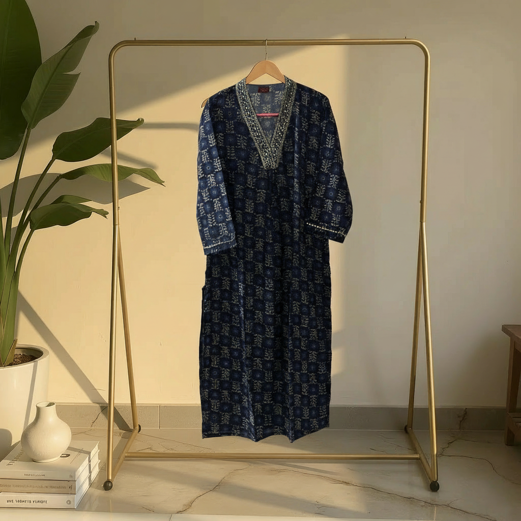 Navy Blue Ethnic Printed Straight Kurta HO2 XL10