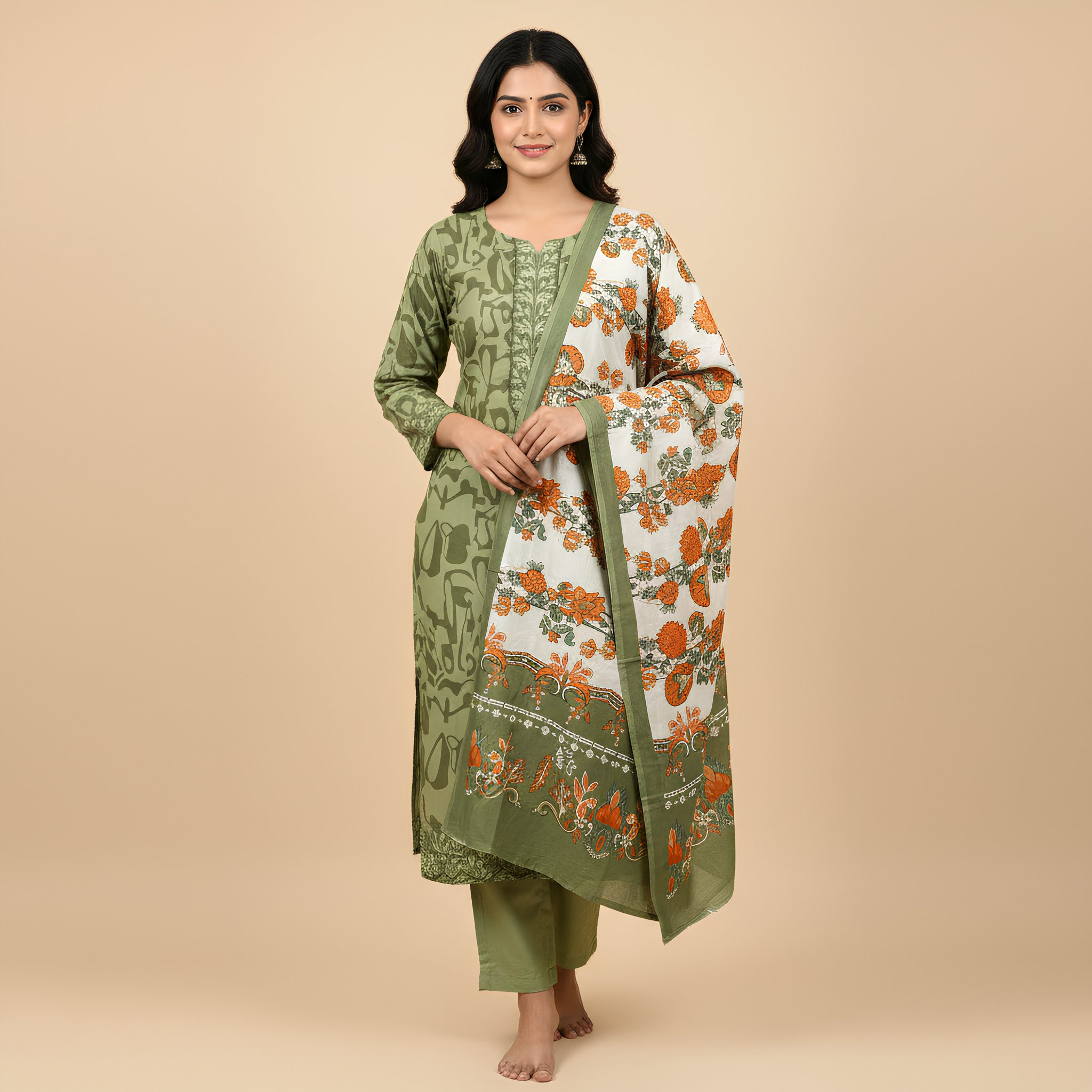 Olive Green Printed Suit SetMO12.4