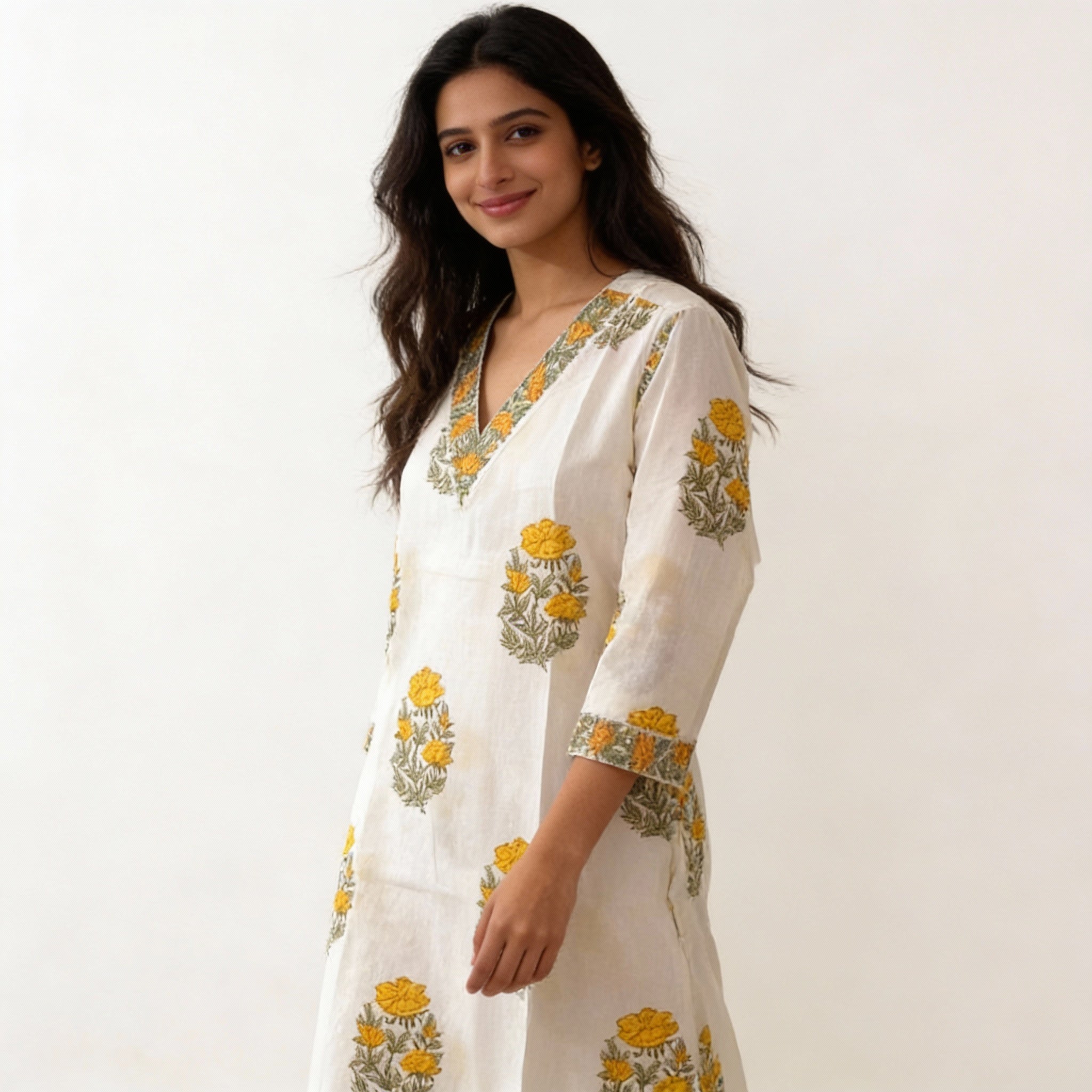 Ivory White Floral Printed Cotton Straight Kurta HO2 XL7