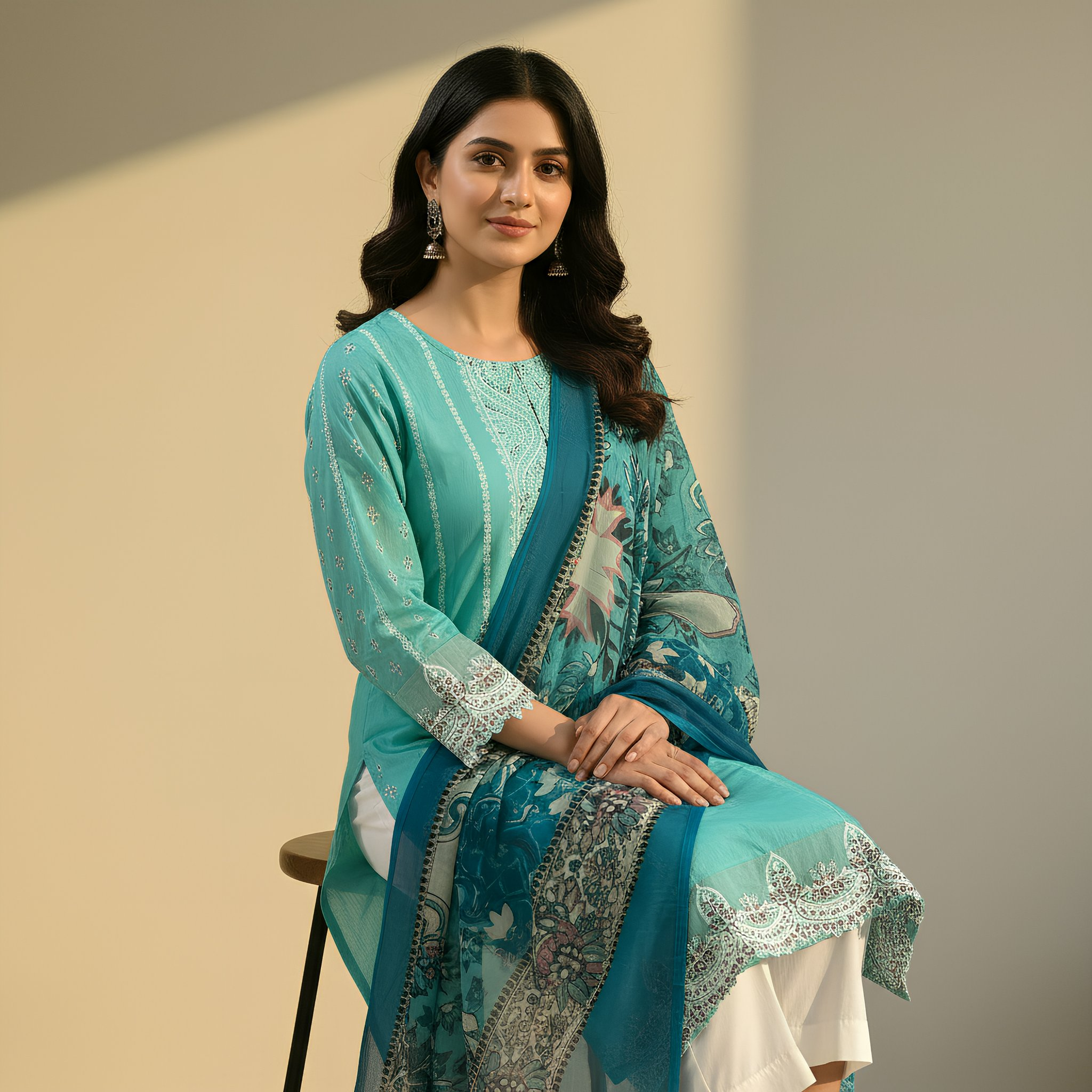 Aqua Blue Ethnic Printed Cotton Blend Suit Set with Designer Dupatta mo3.6