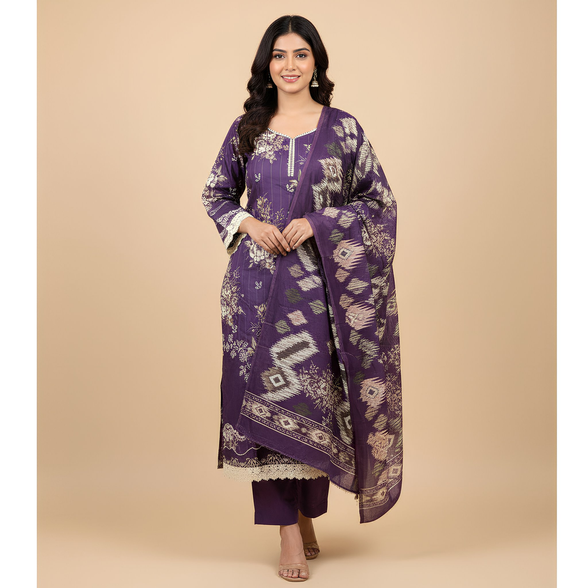 Royal Purple Floral Printed Cotton Suit Set  MO11.5