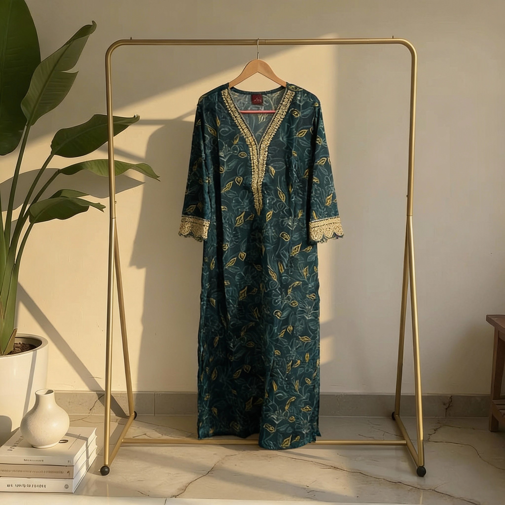 Teal Green Leaf Motif Embroidered Straight Kurta HO2 2XL-9