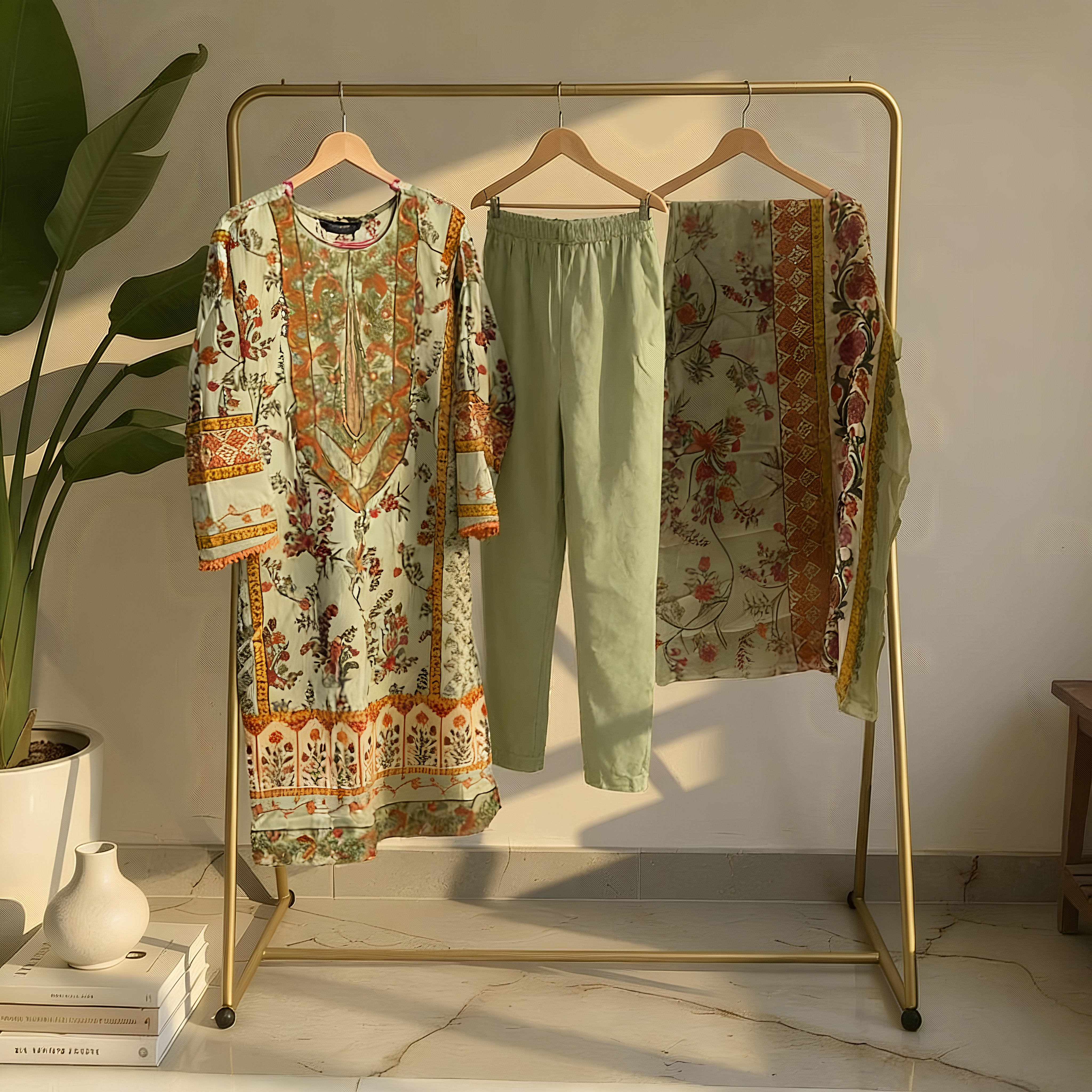Sage Green Floral Printed Cotton Blend Suit Set with Elegant Dupatta mo8.3