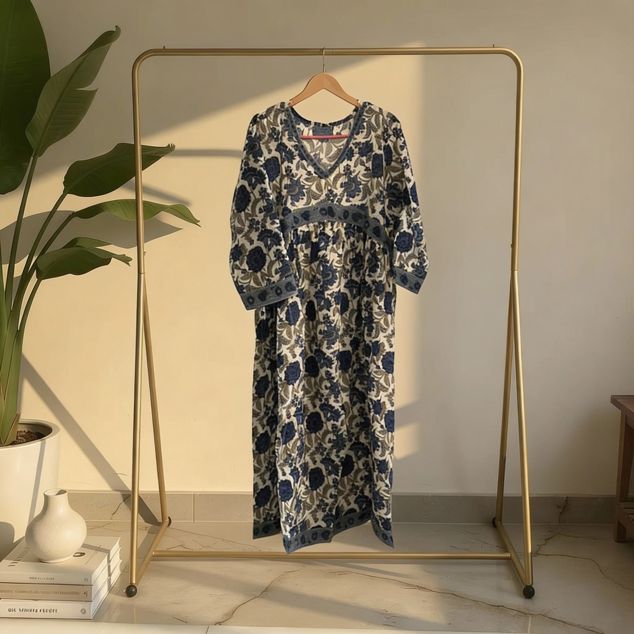 Ivory Blue Floral Printed Anarkali Style Kurta HO2 XL18