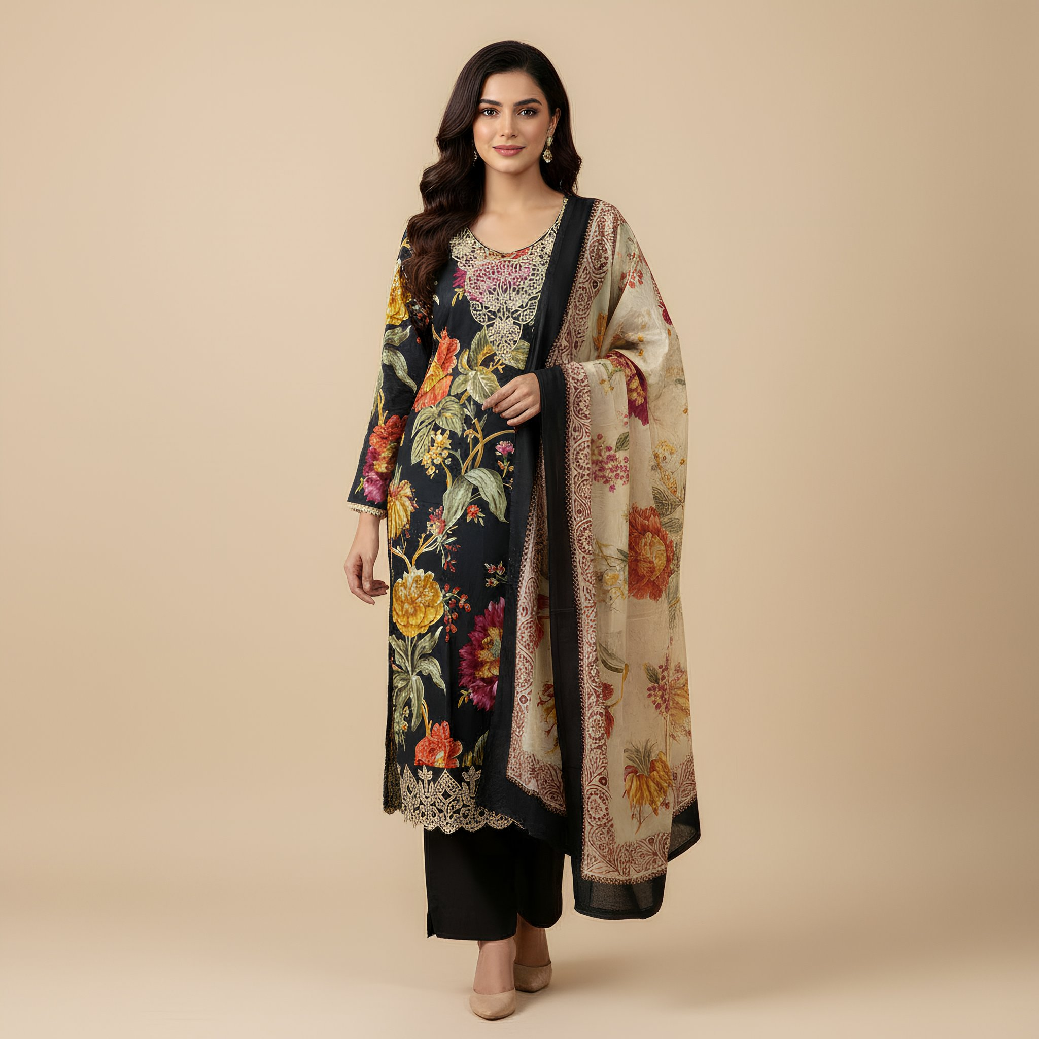 Black Floral Printed Cotton Blend Suit Set with Elegant Dupatta  mo8.4