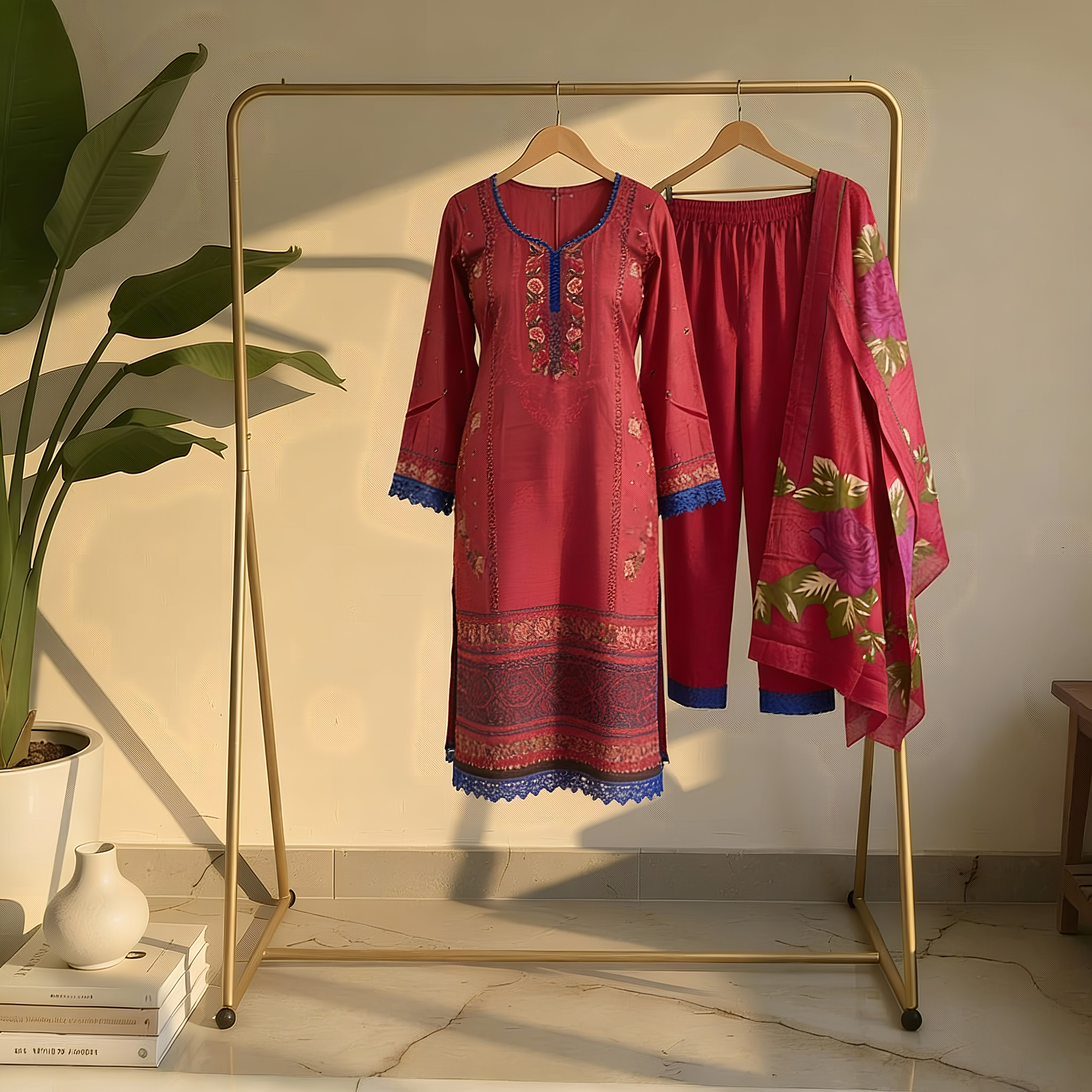 Deep Crimson Printed Cotton Suit Set  MO13.4