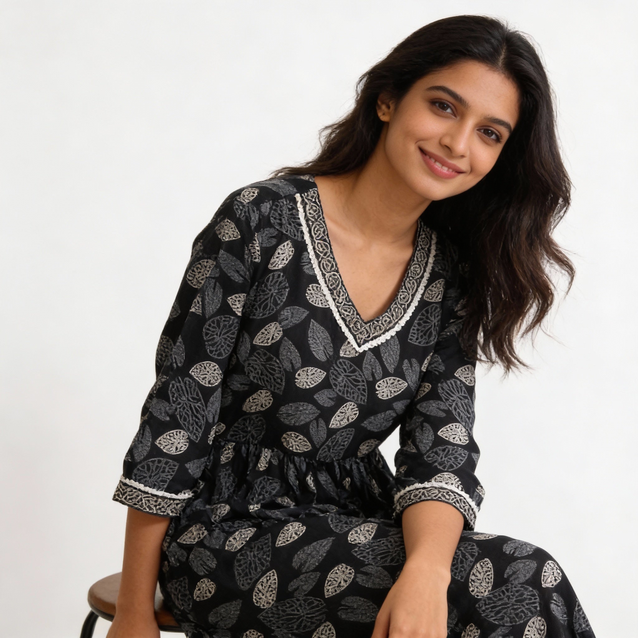 Charcoal Black Leaf Print A-Line Kurta HO2 XL12