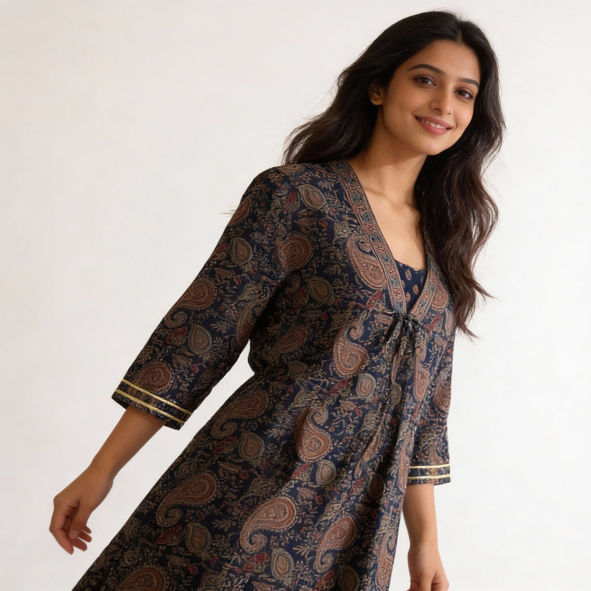 Navy Blue Paisley Printed Straight Cotton Kurta HO2 XL6