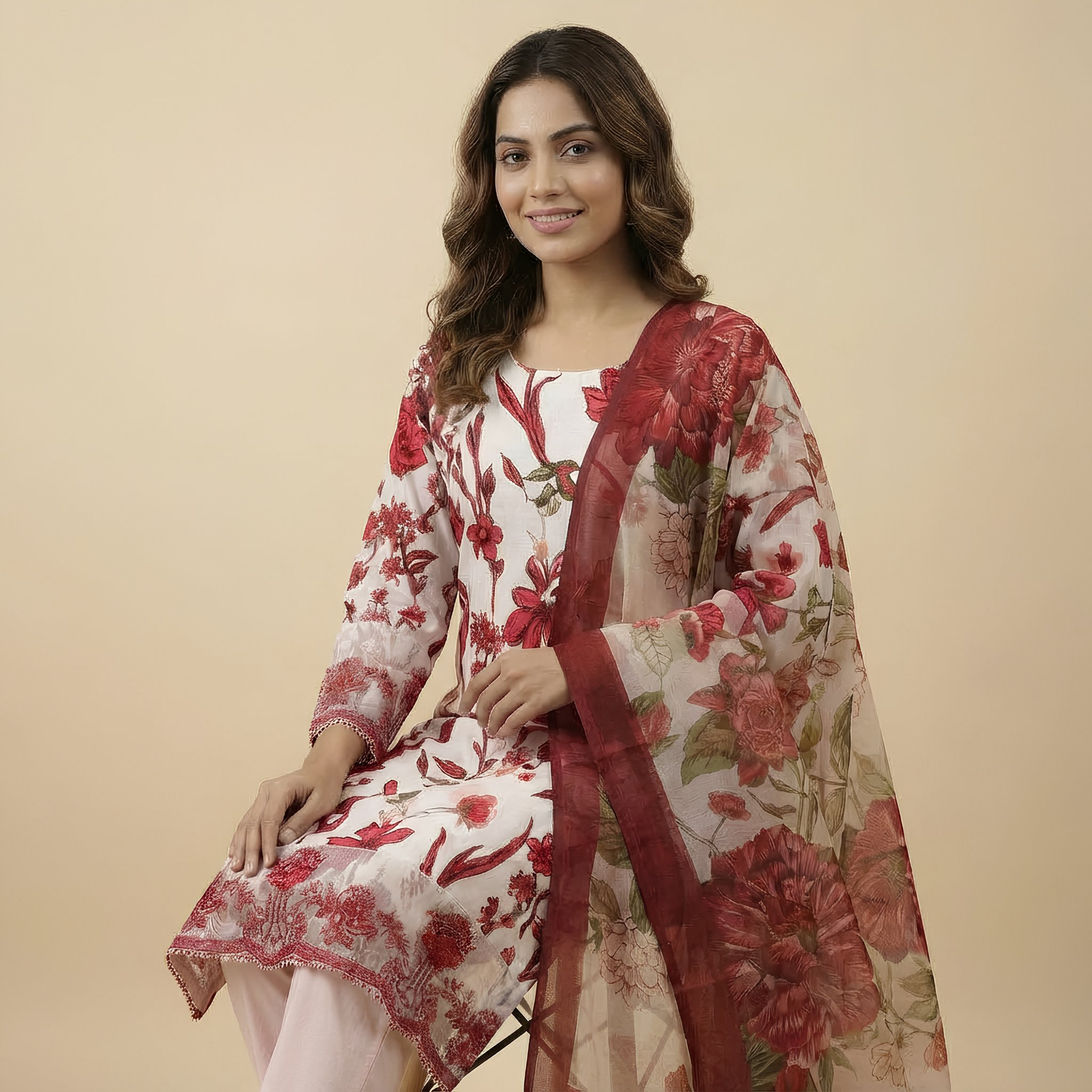Ivory & Deep Red Floral Printed Cotton Blend Suit Set with Soft Dupatta  mo3.1