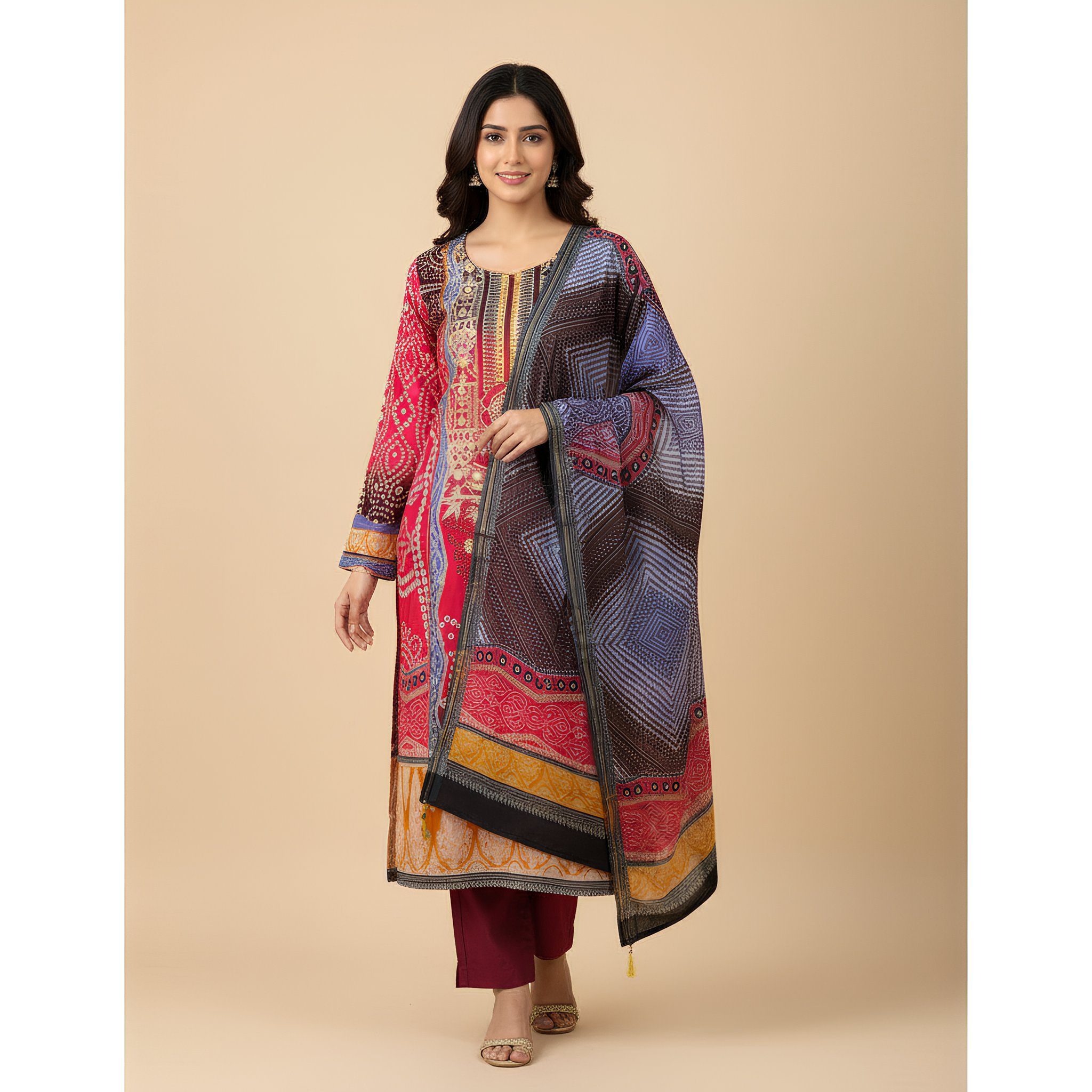 Red & Multicolor Bandhani Print Cotton Blend Suit Set with Coordinated Dupatta MO1.5