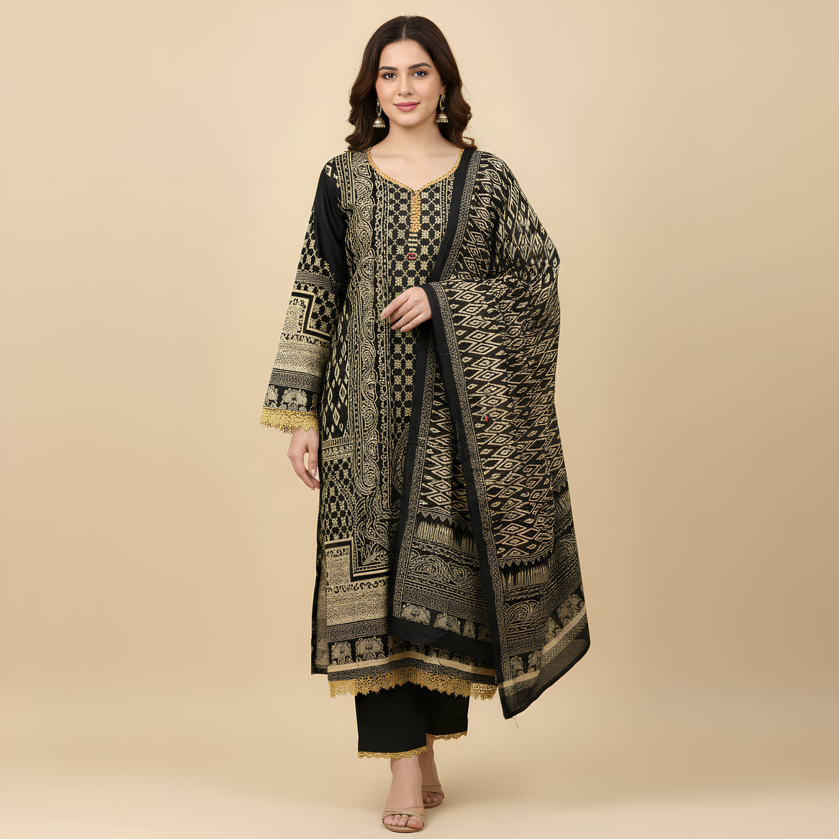 Black & Gold Printed Cotton Suit Set MO7.6