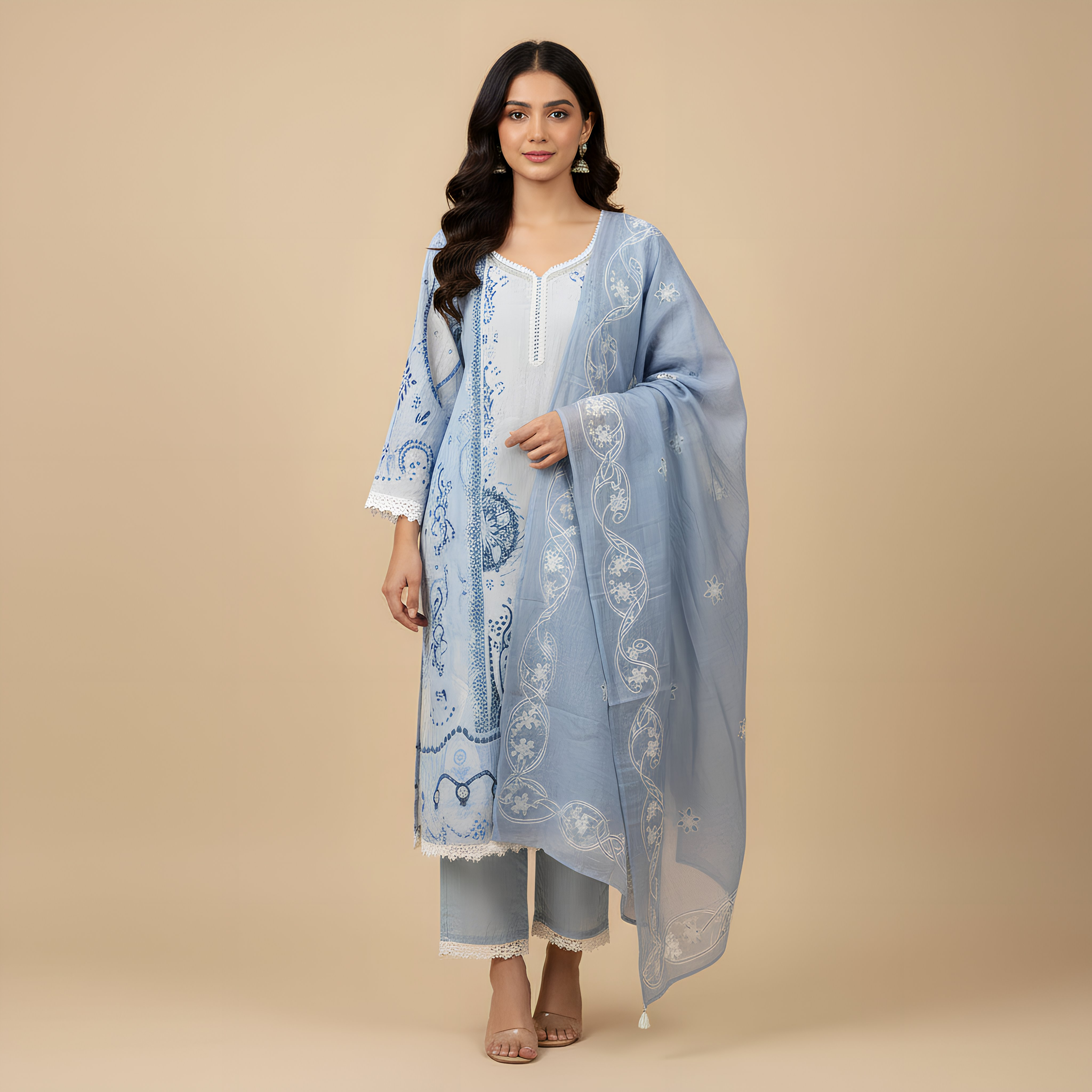 Powder Blue Printed Cotton Suit Set MO11.4