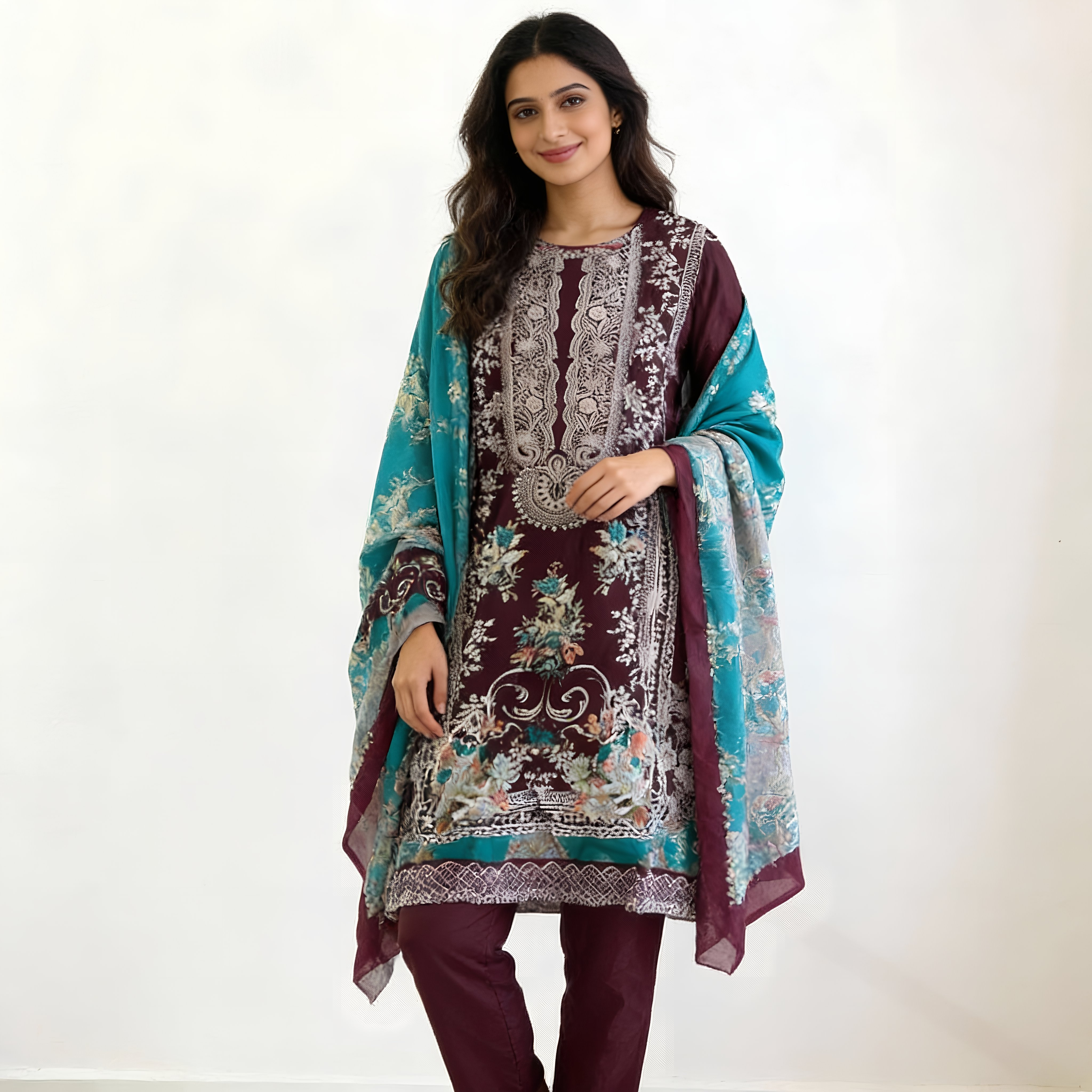 Wine Maroon & Teal Floral Printed Cotton Suit Set MO9.3