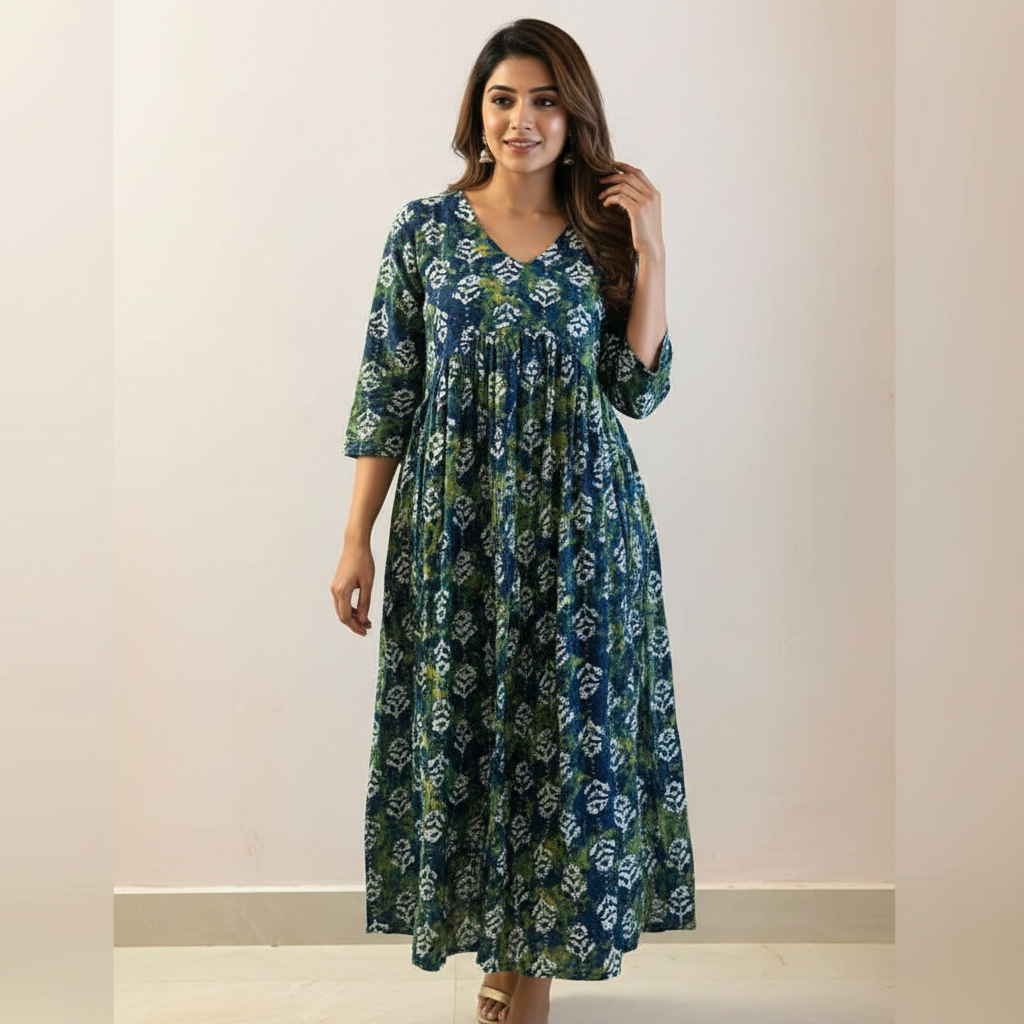 Elegant Green & Navy Floral Printed A-Line Kurta HO 2 S5