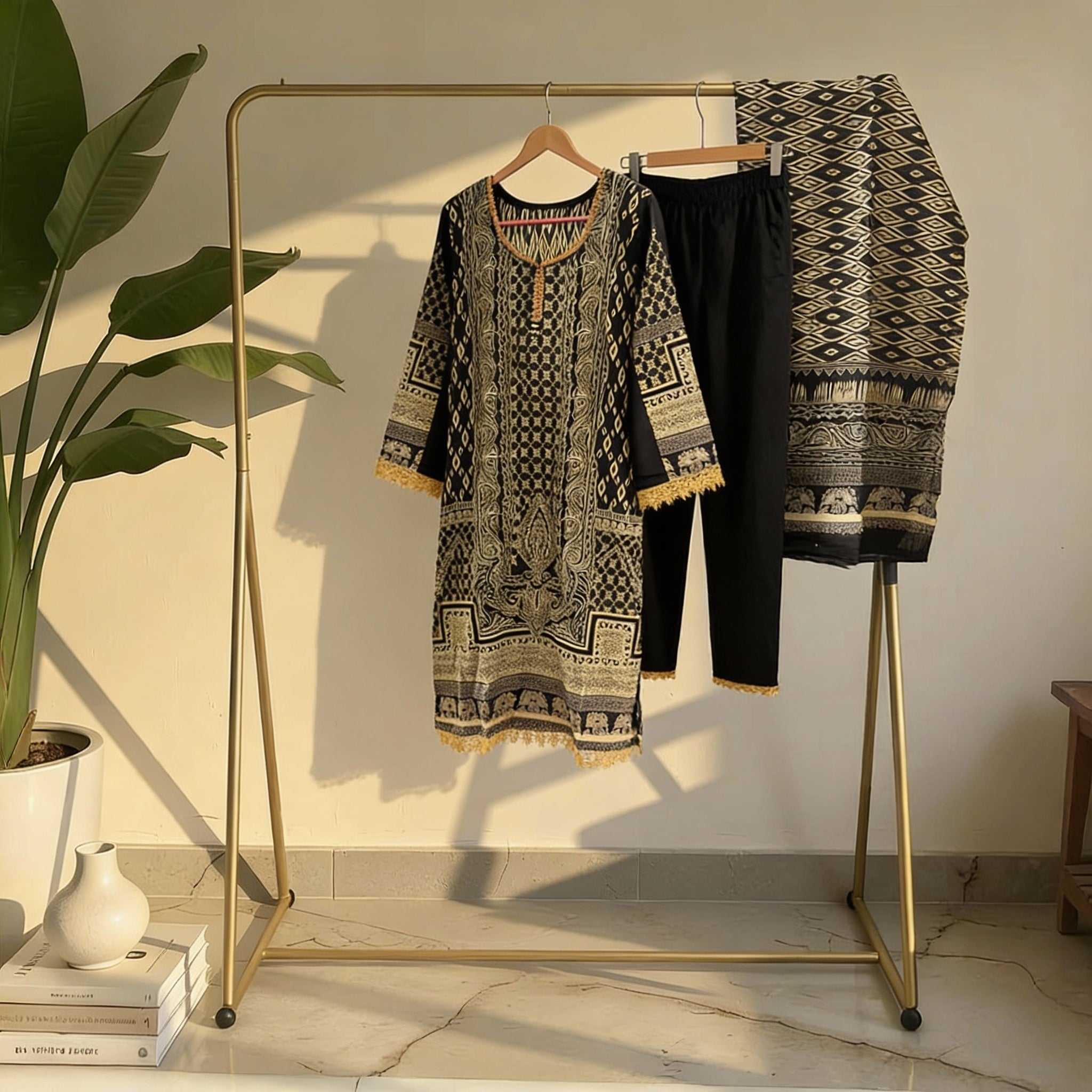Black & Gold Printed Cotton Suit Set MO7.6