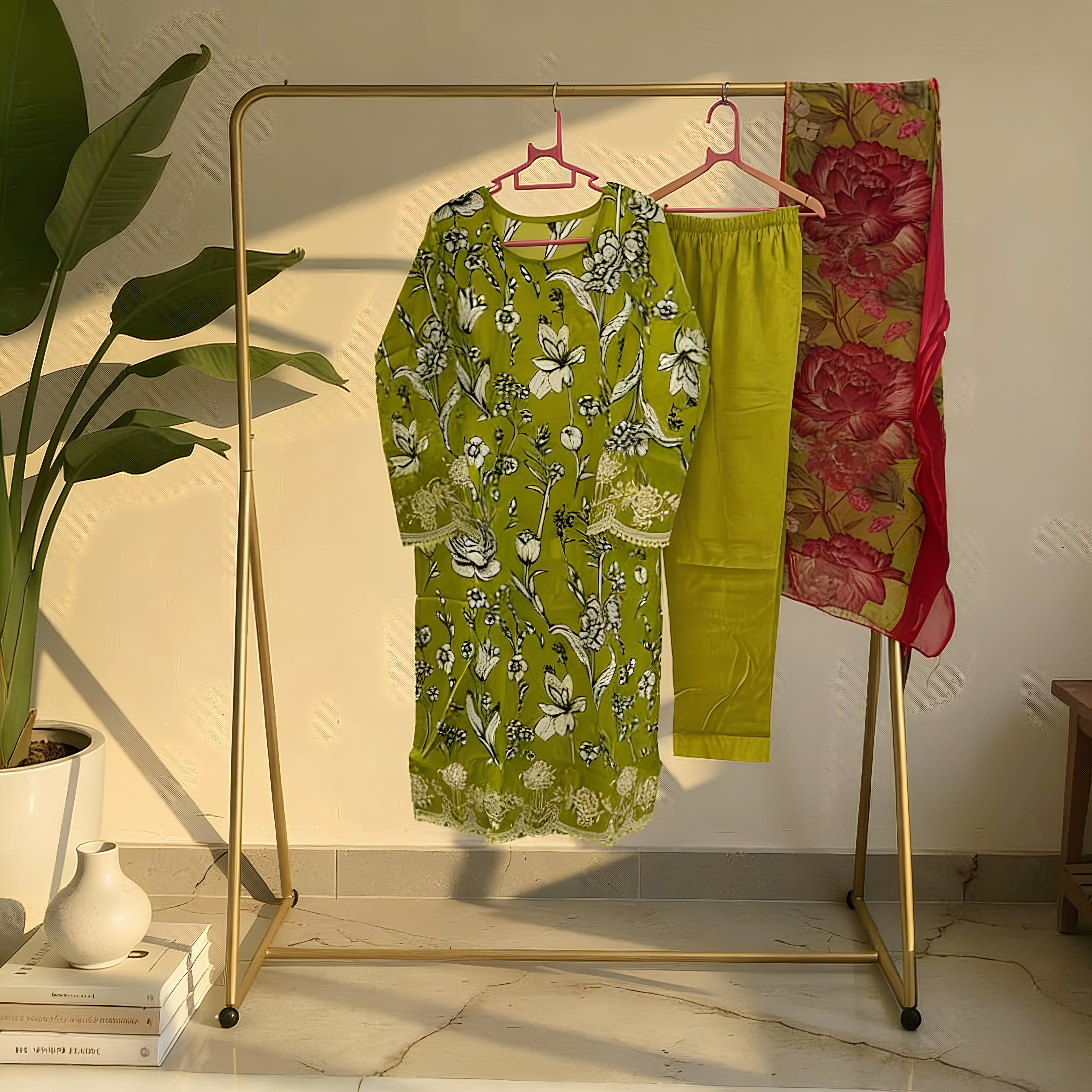 Fresh Green Floral Printed Cotton Blend Suit Set with Contrast Dupatta  mo3.5