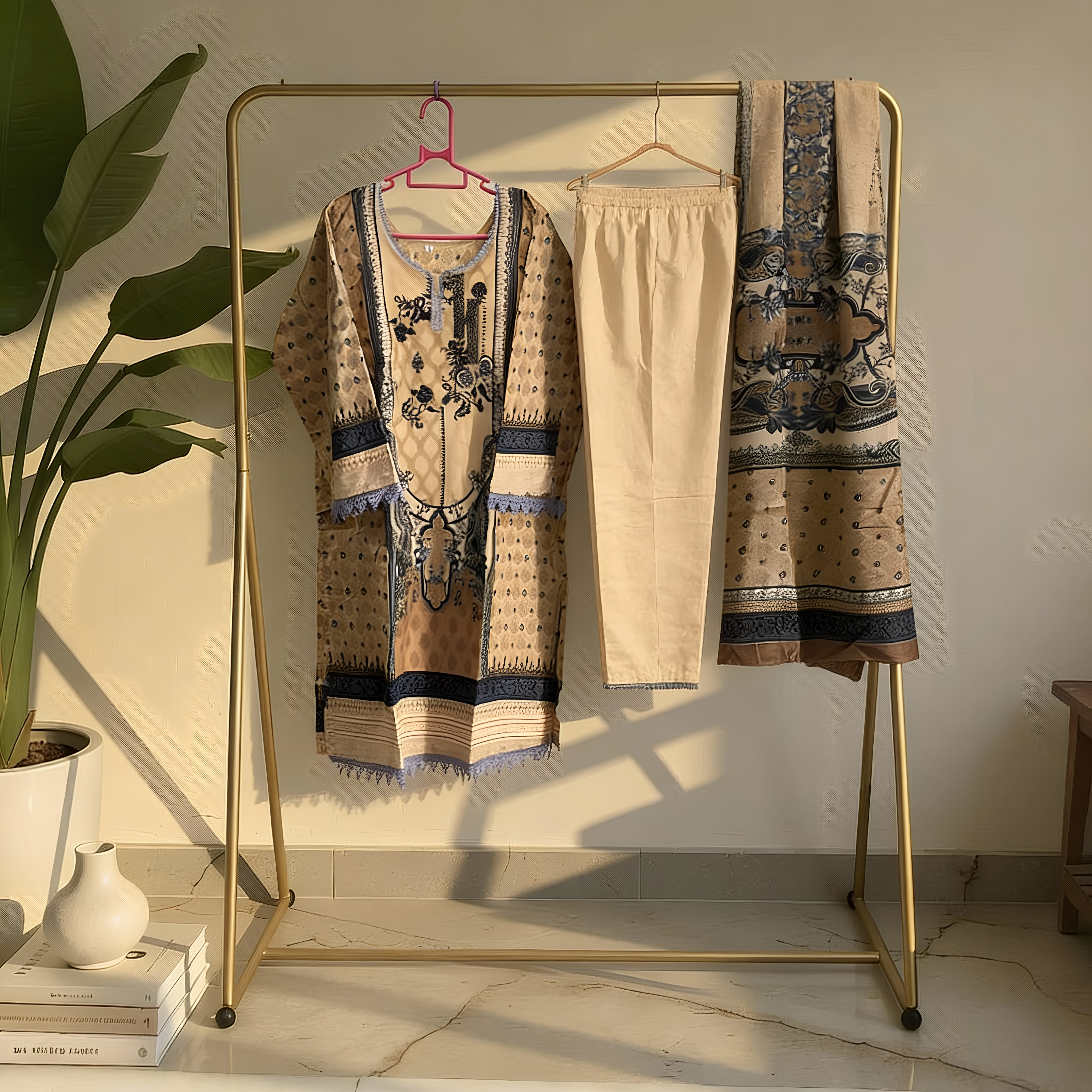 Beige Printed Ethnic Suit Set with Dupatta MO7.1