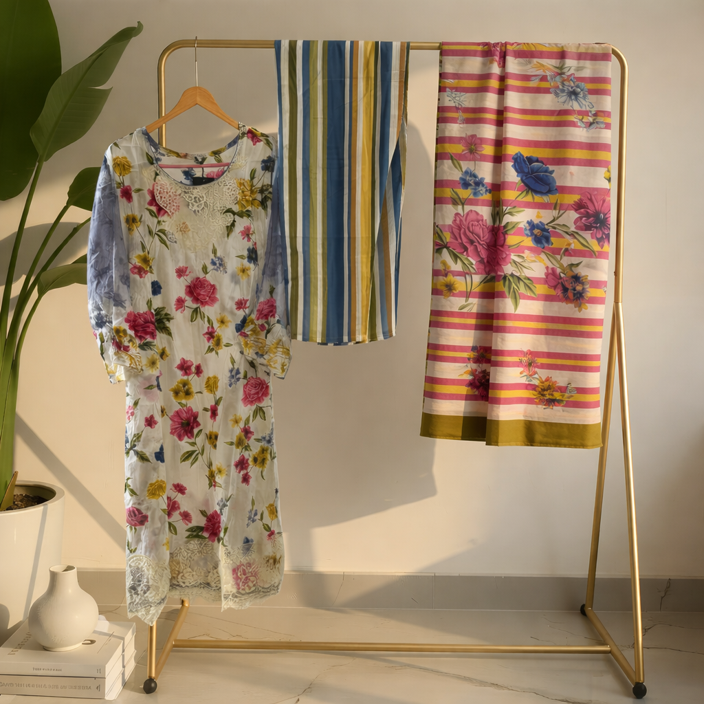 Ivory Floral Printed Cotton Blend Suit Set with Striped Designer Dupatta mo8.7