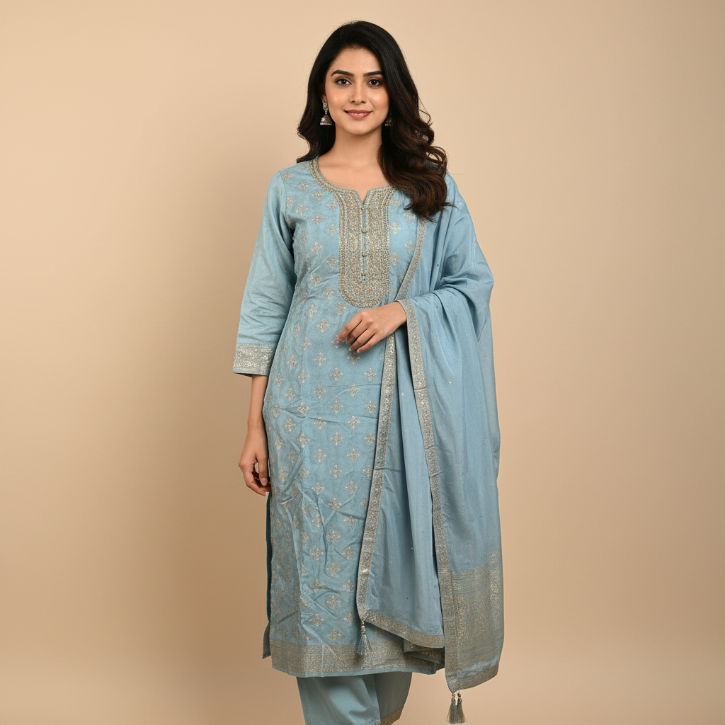 Elegant Navy Blue Embroidered Anarkali Suit Set with Dupatta Ho 9 - BLUE