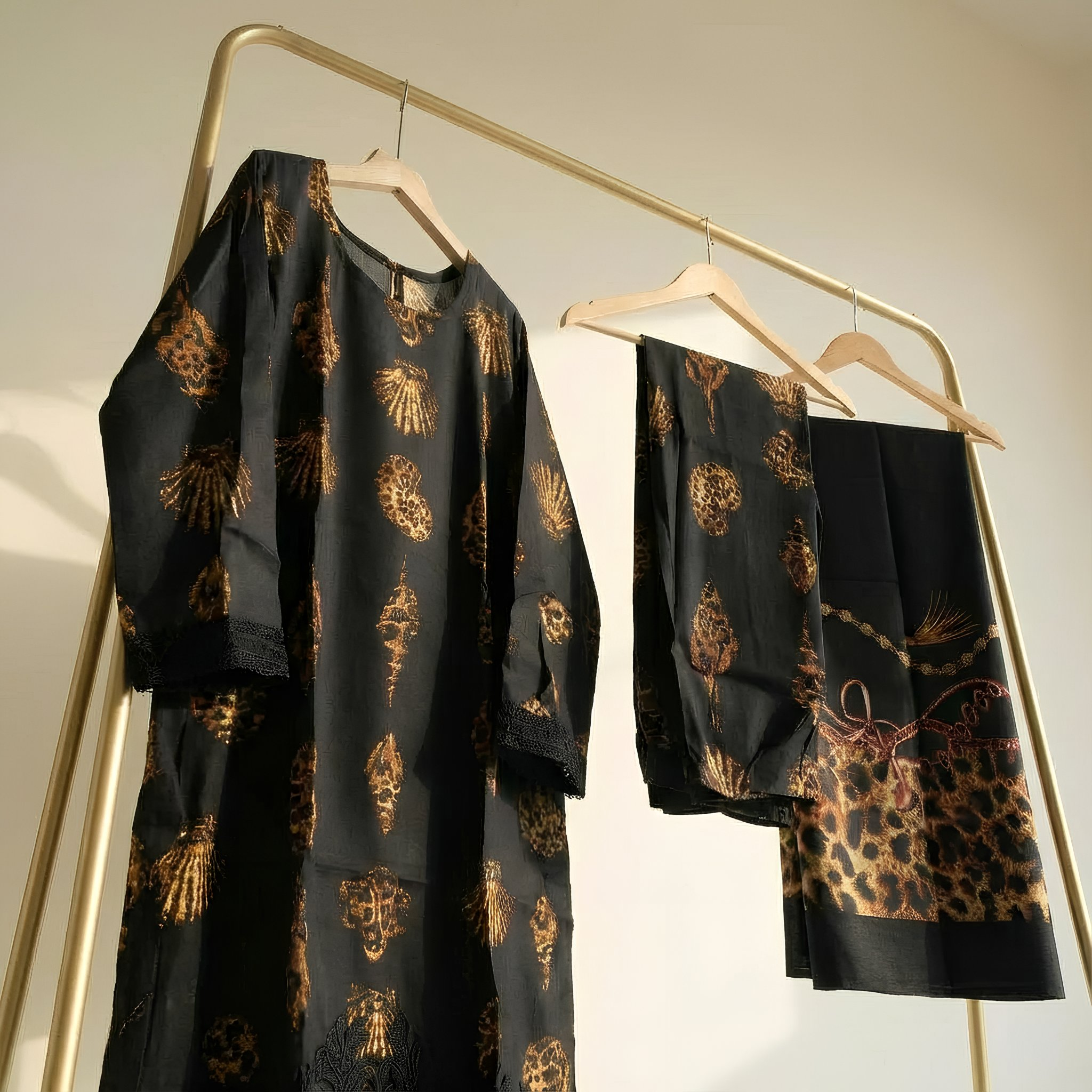 Black & Gold Printed Poly-Cotton Suit Set with Coordinated Dupatta MO2.1