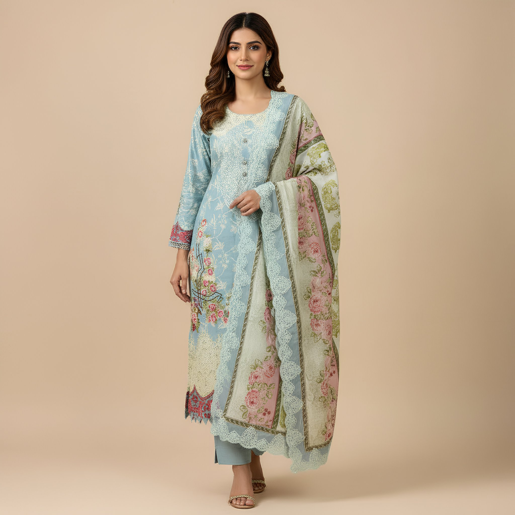 Pastel Blue Floral Printed Cotton Blend Suit Set with Designer Dupatta  mo4.2