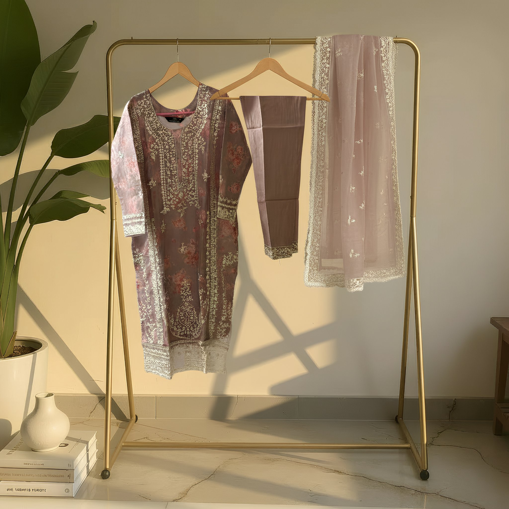 Dusty Rose Floral Embroidered Cotton Blend Suit Set with Elegant Dupatta  mo14.4