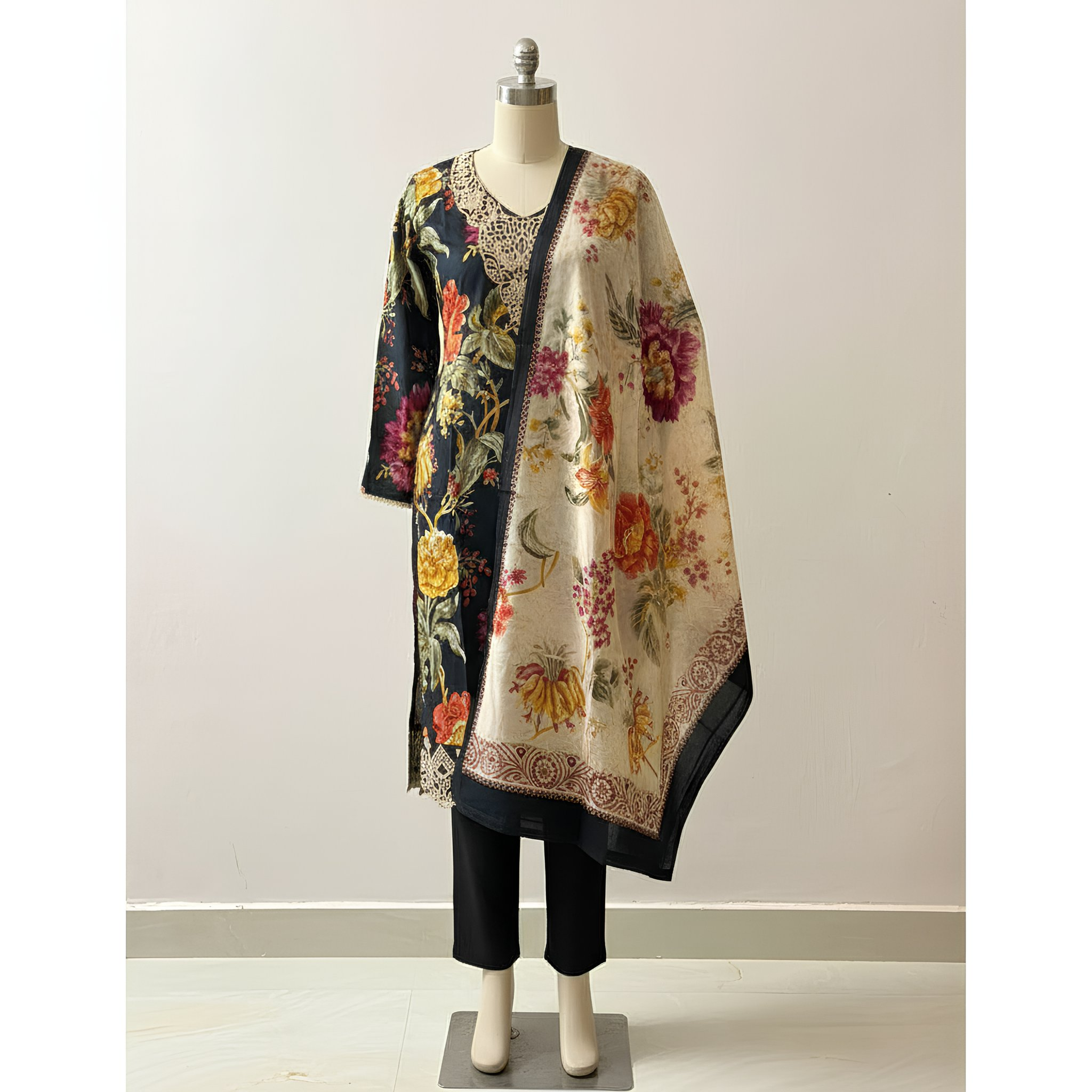 Black Floral Printed Cotton Blend Suit Set with Elegant Dupatta  mo8.4