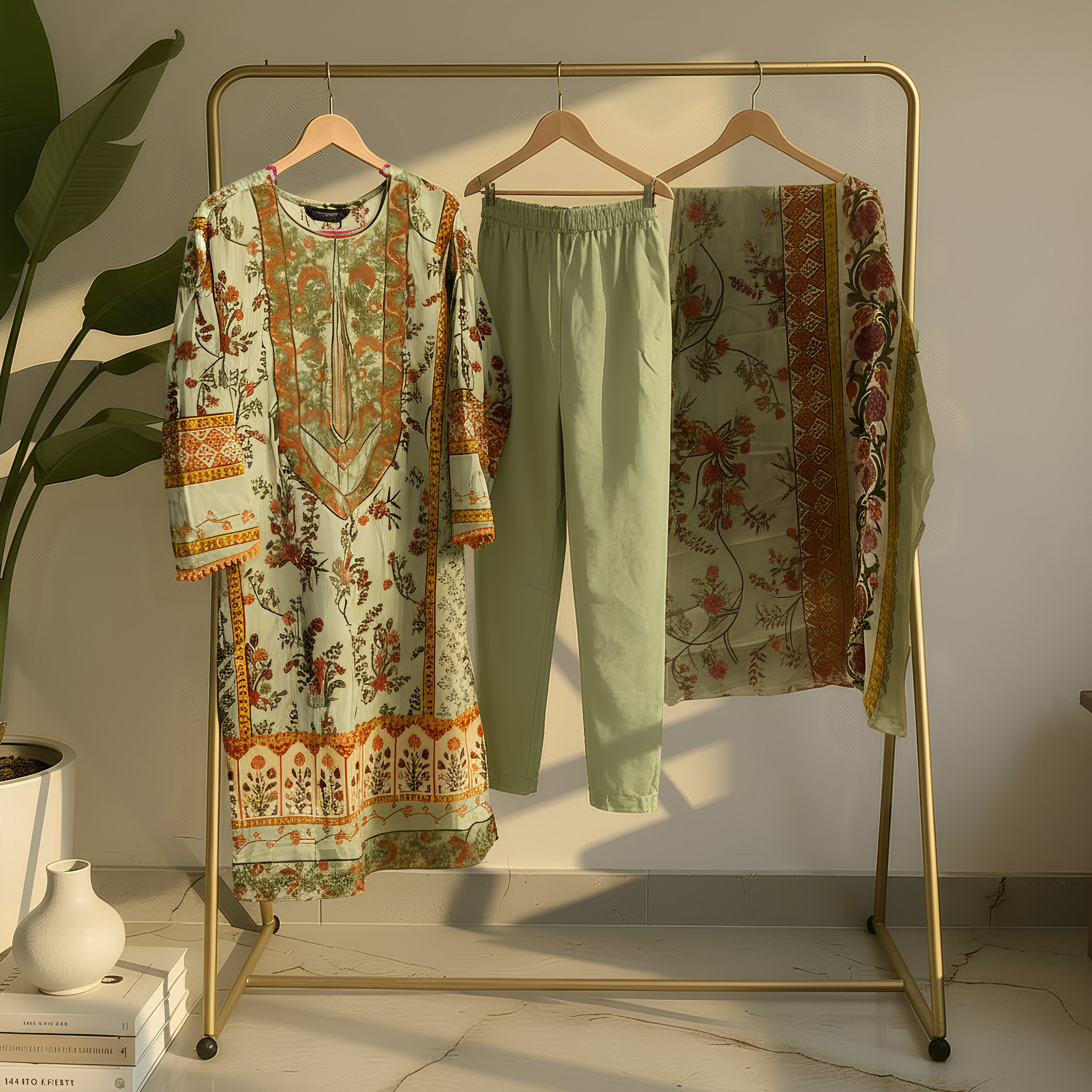 Sage Green Floral Printed Cotton Blend Suit Set with Elegant Dupatta mo8.3