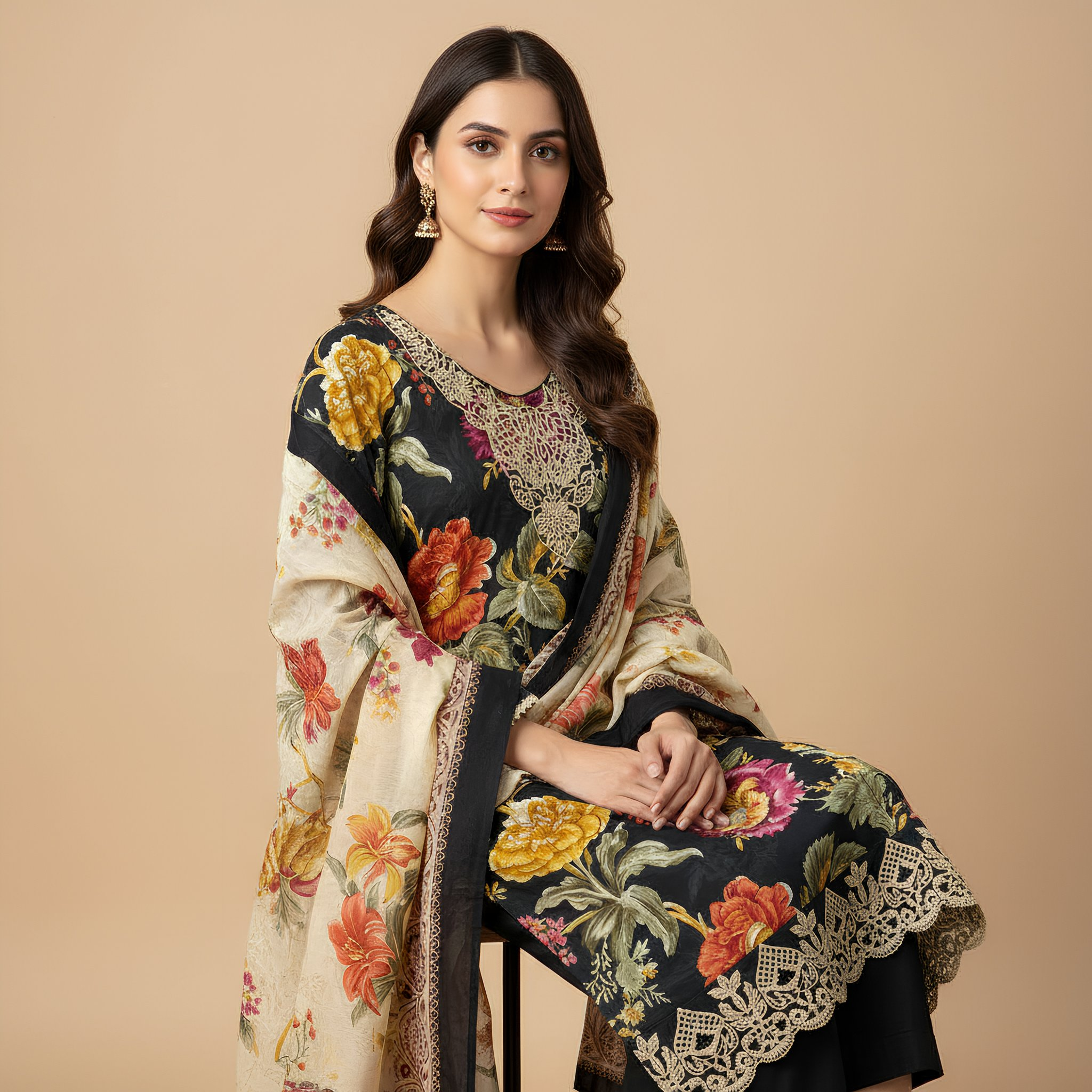 Black Floral Printed Cotton Blend Suit Set with Elegant Dupatta  mo8.4