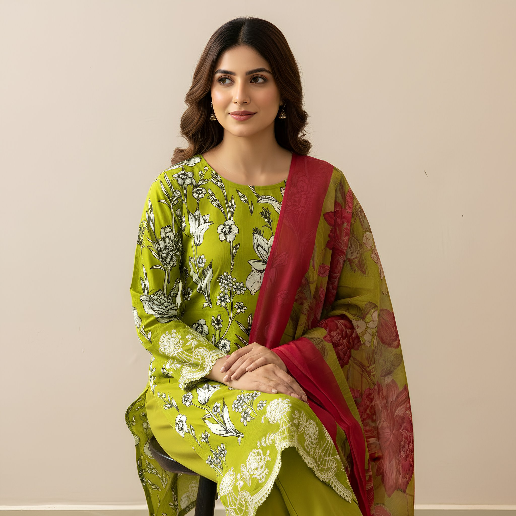 Fresh Green Floral Printed Cotton Blend Suit Set with Contrast Dupatta  mo3.5
