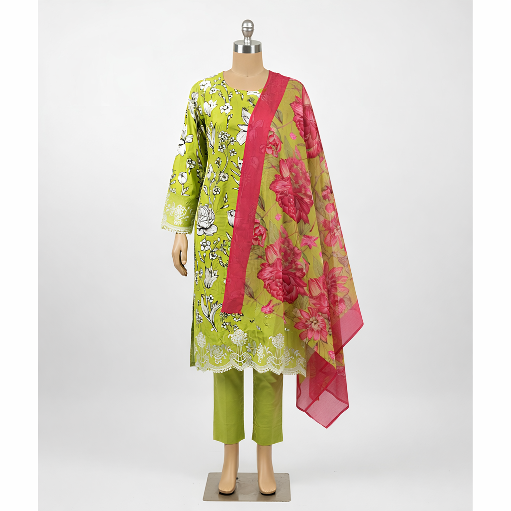 Fresh Green Floral Printed Cotton Blend Suit Set with Contrast Dupatta  mo3.5