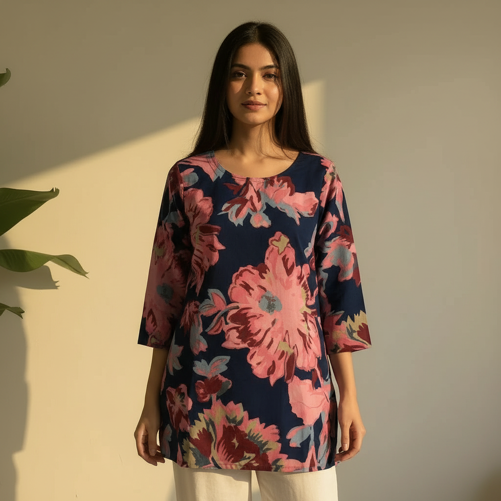 Navy Blue Floral Printed Straight Fit Top HO 2 M6