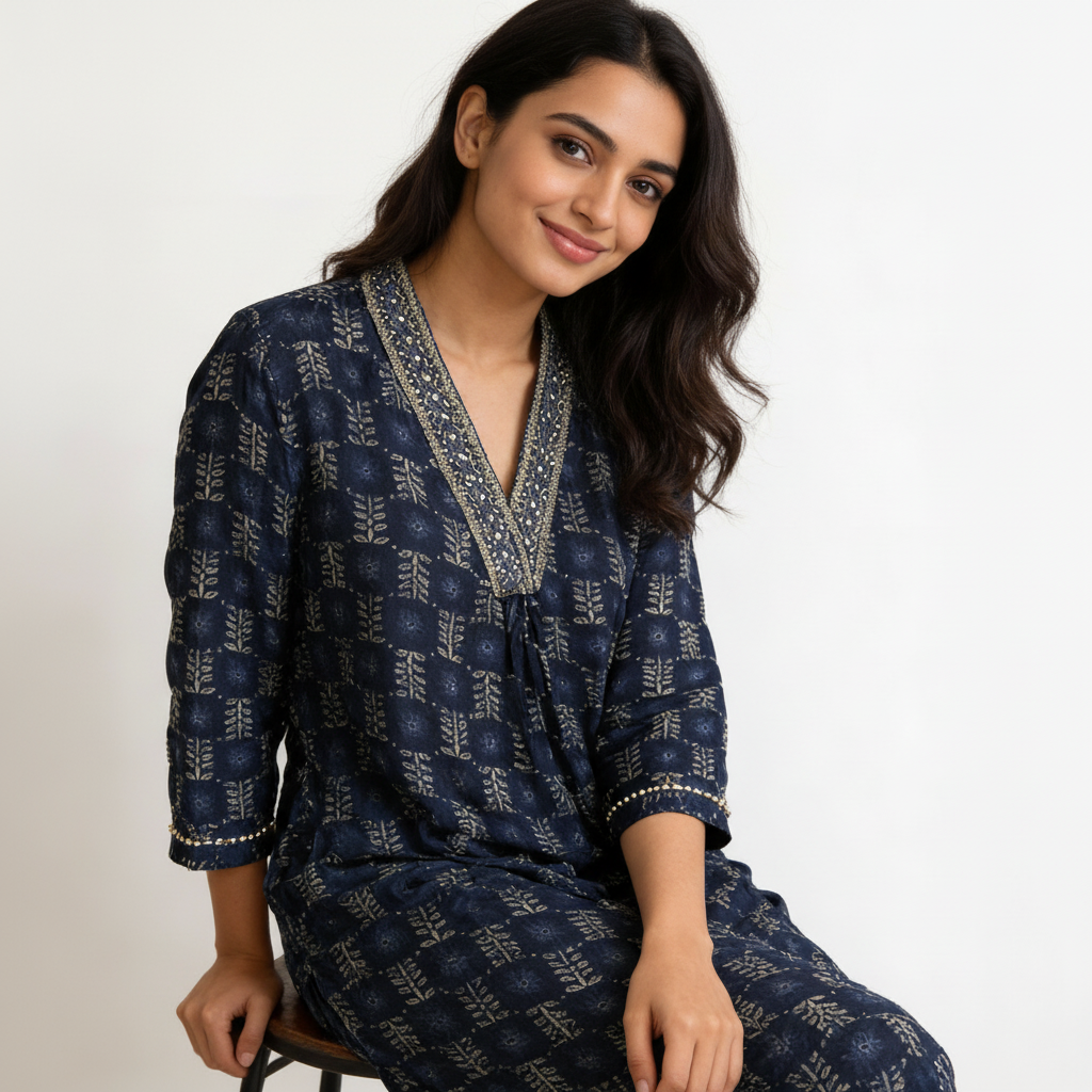 Navy Blue Ethnic Printed Straight Kurta HO2 XL10