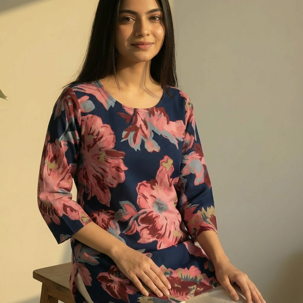 Navy Blue Floral Printed Straight Fit Top HO 2 M6