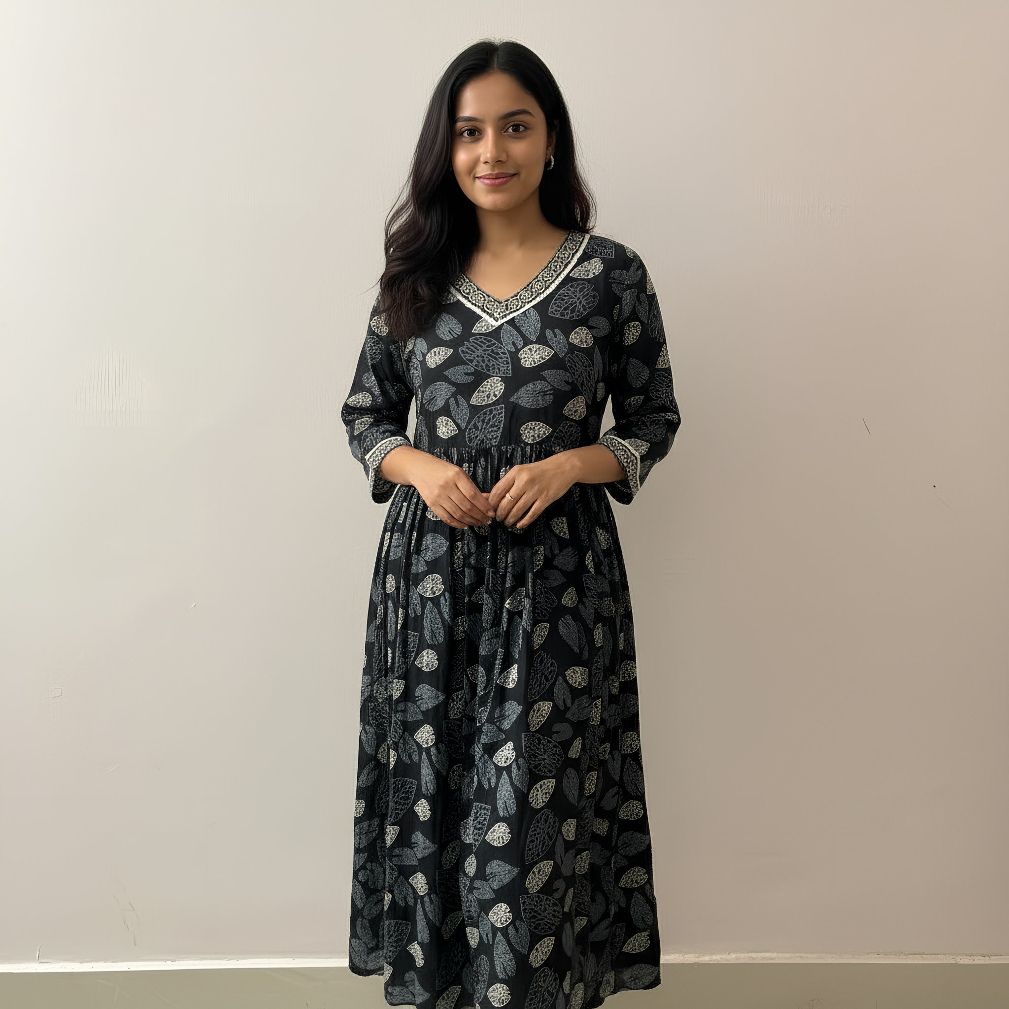 Charcoal Black Leaf Print A-Line Kurta HO2 XL12