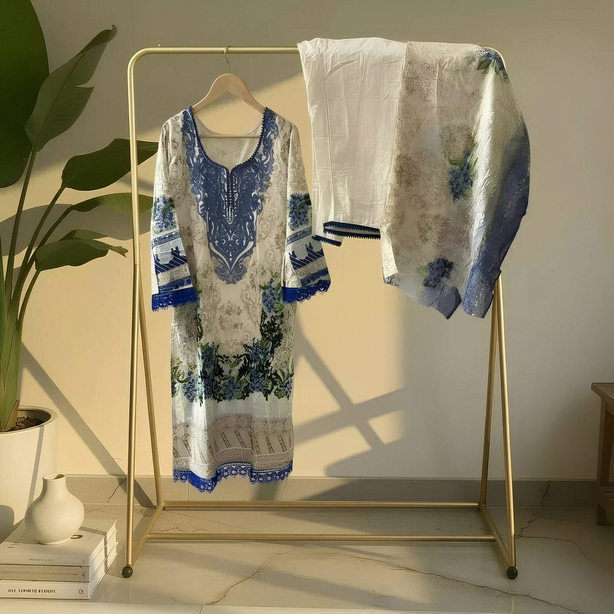 Ivory & Royal Blue Printed Cotton Suit Set M011.6