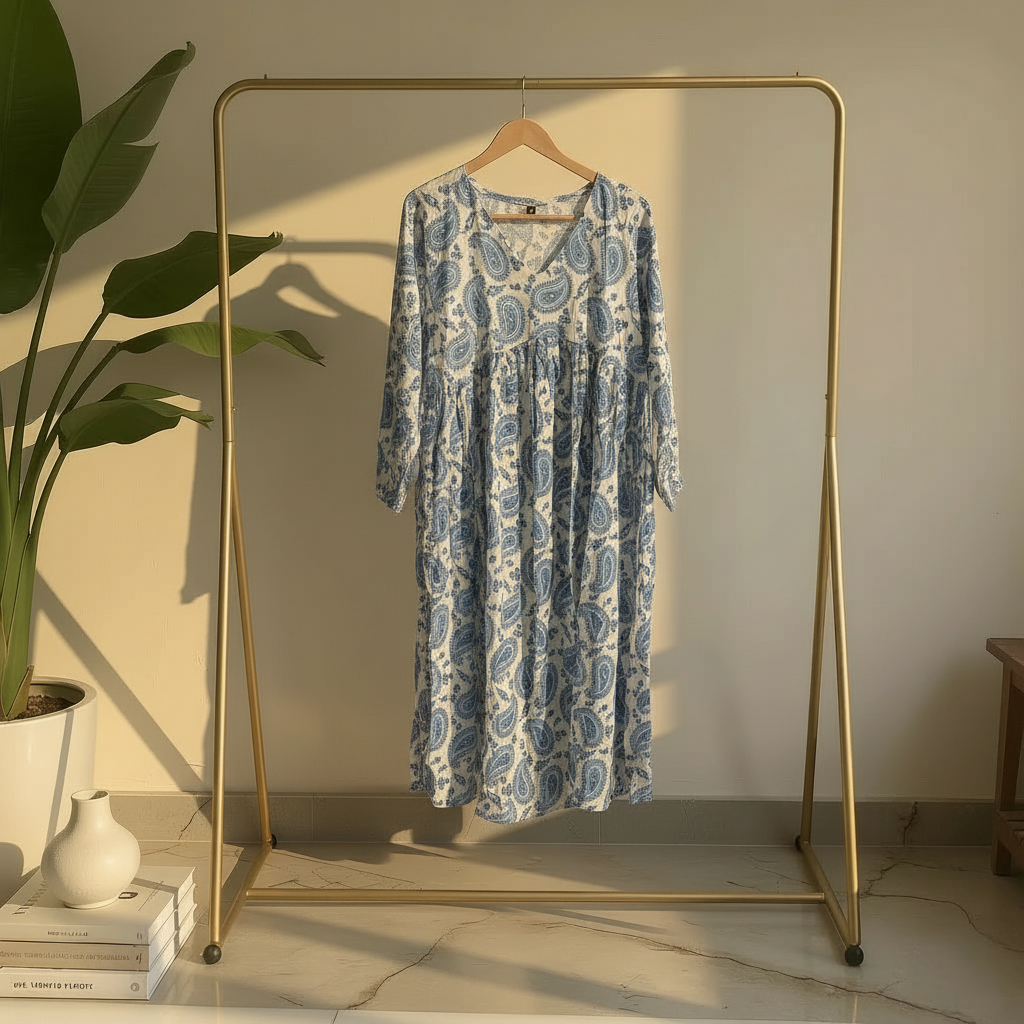 Blue & White Paisley Printed Gathered Kurta HO 2 M8