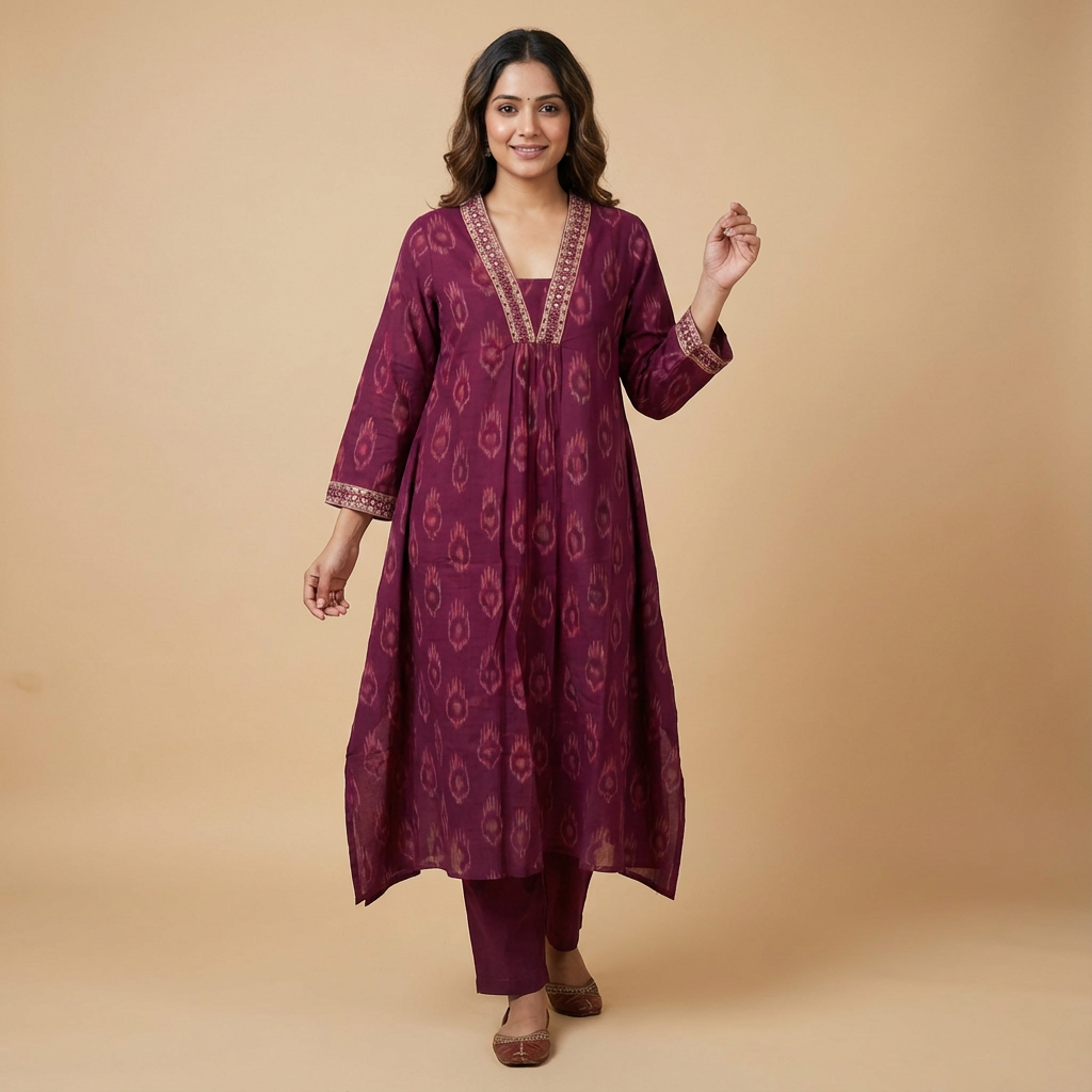 Wine Purple Ikat Print Kurta HO2 L1