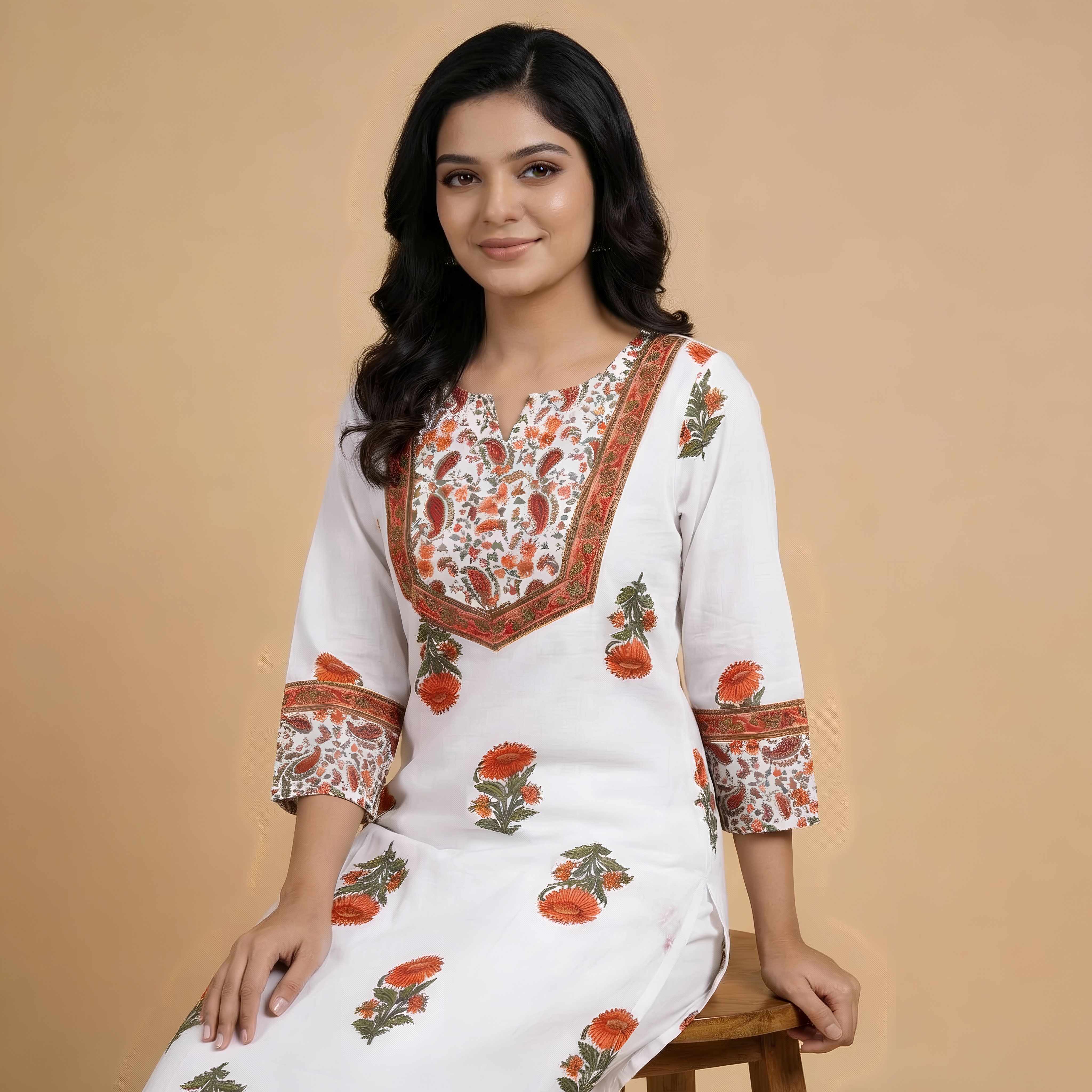 White Floral Printed Straight Kurta HO 2 M1