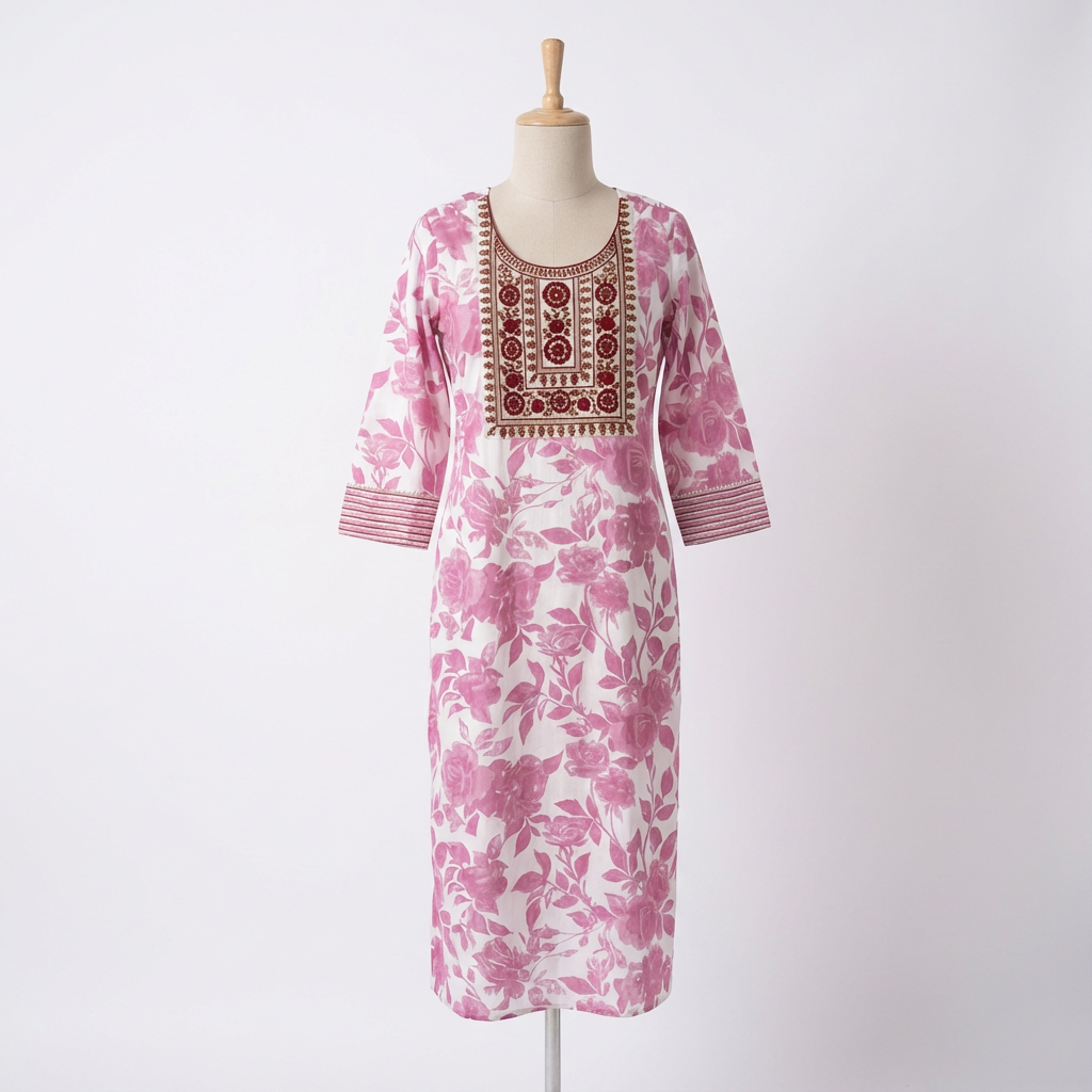 Off-White Pink Floral Printed Kurta HO2 L3