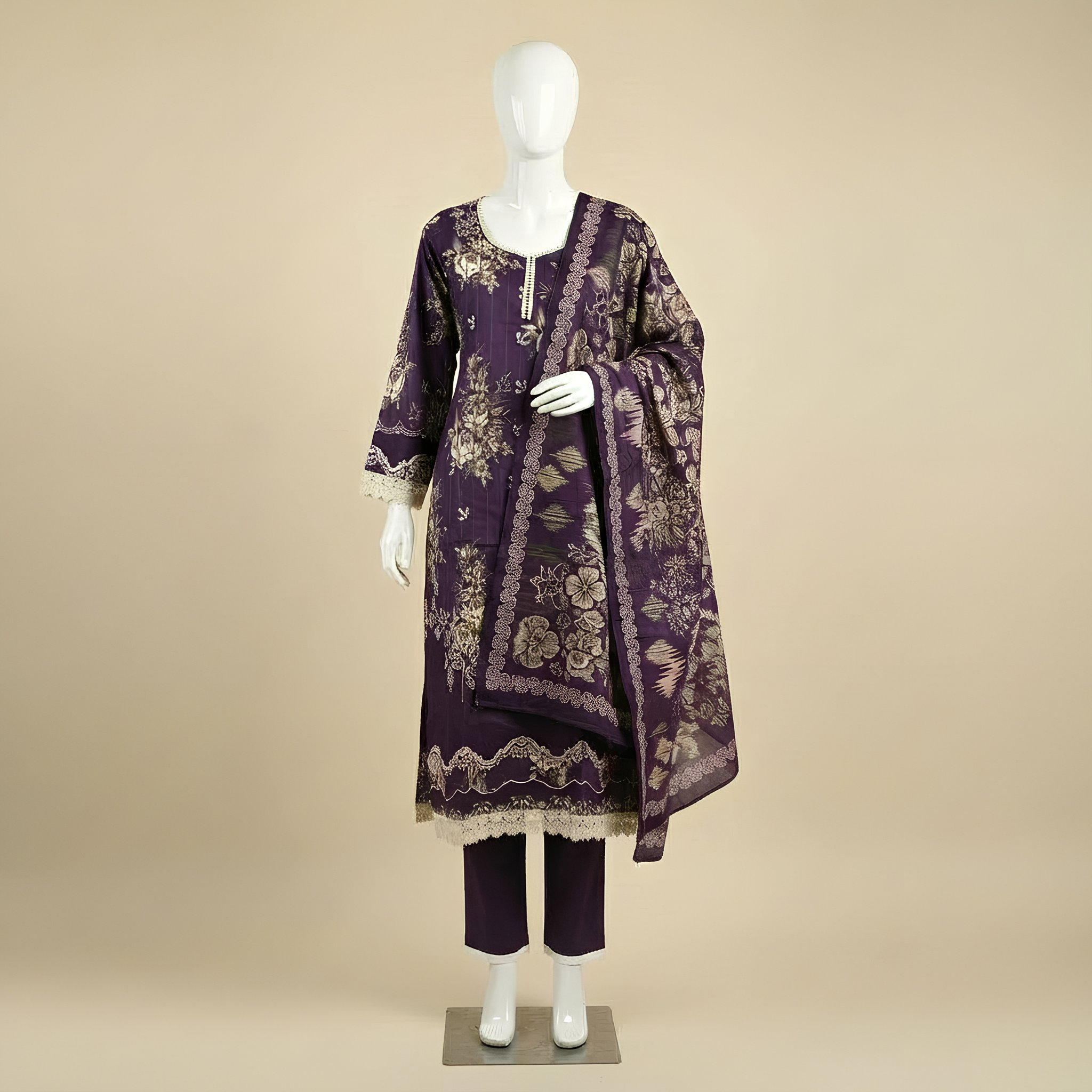 Royal Purple Floral Printed Cotton Suit Set  MO11.5
