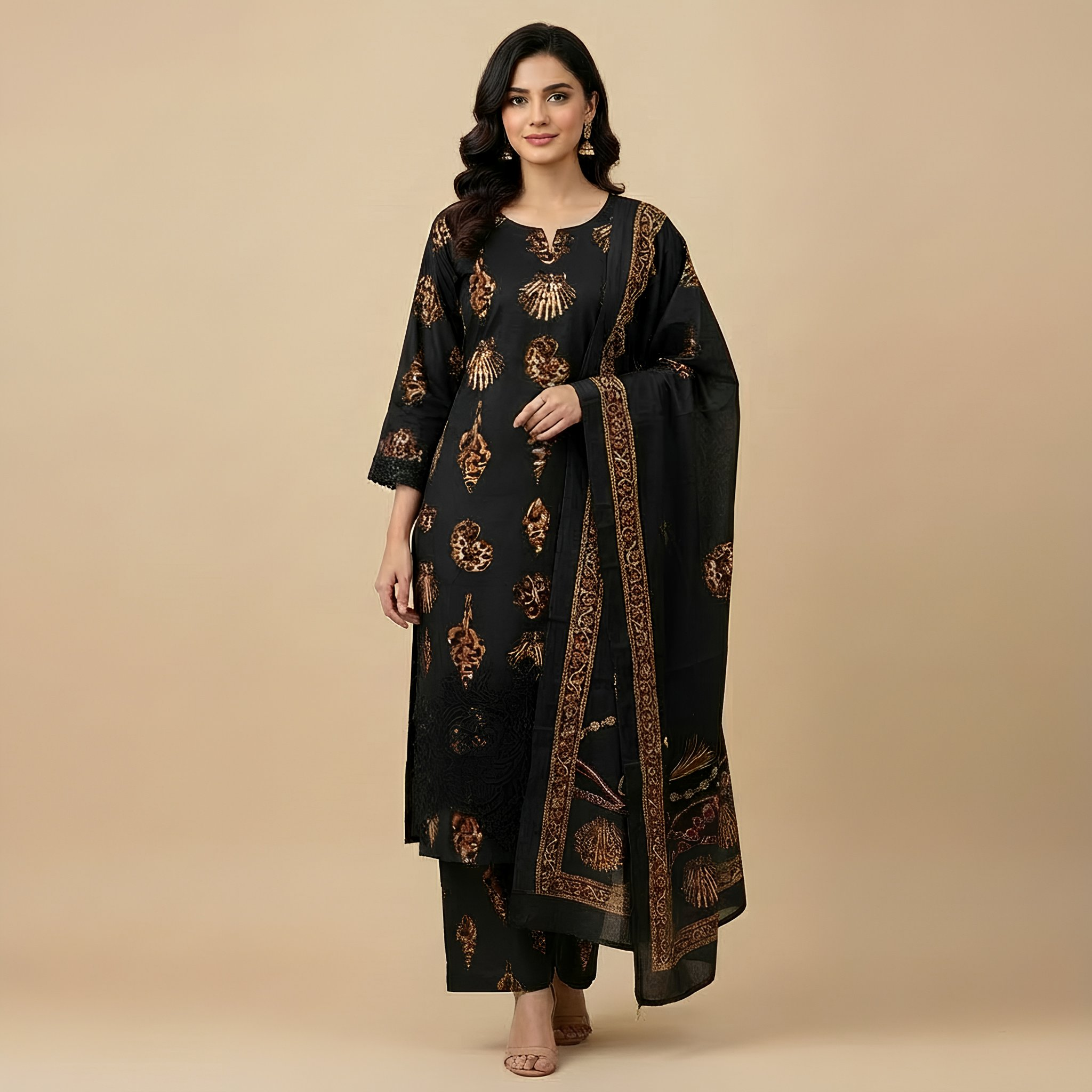 Black & Gold Printed Poly-Cotton Suit Set with Coordinated Dupatta MO2.1