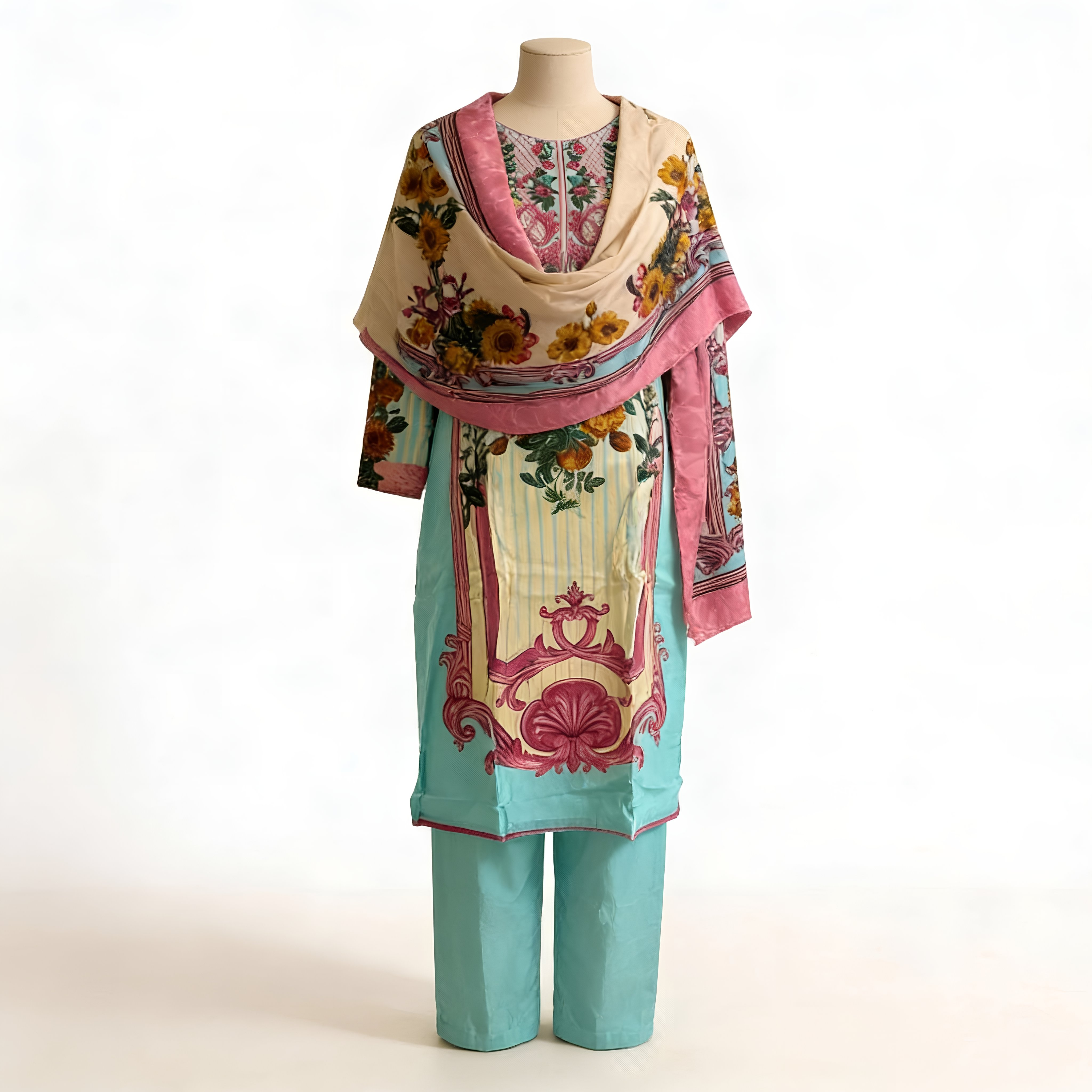 Mint Green & Blush Floral Printed Suit Set with Coordinated Dupatta MO5.1
