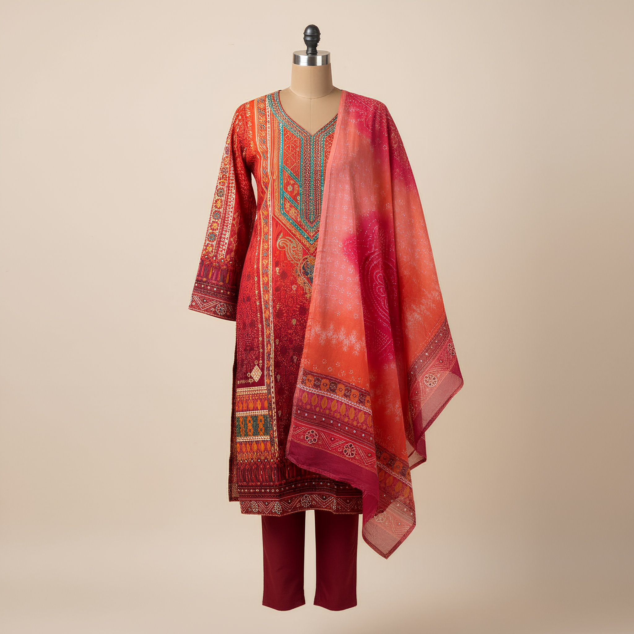 Rani Pink & Coral Red Printed Cotton Suit Set MO 1.3