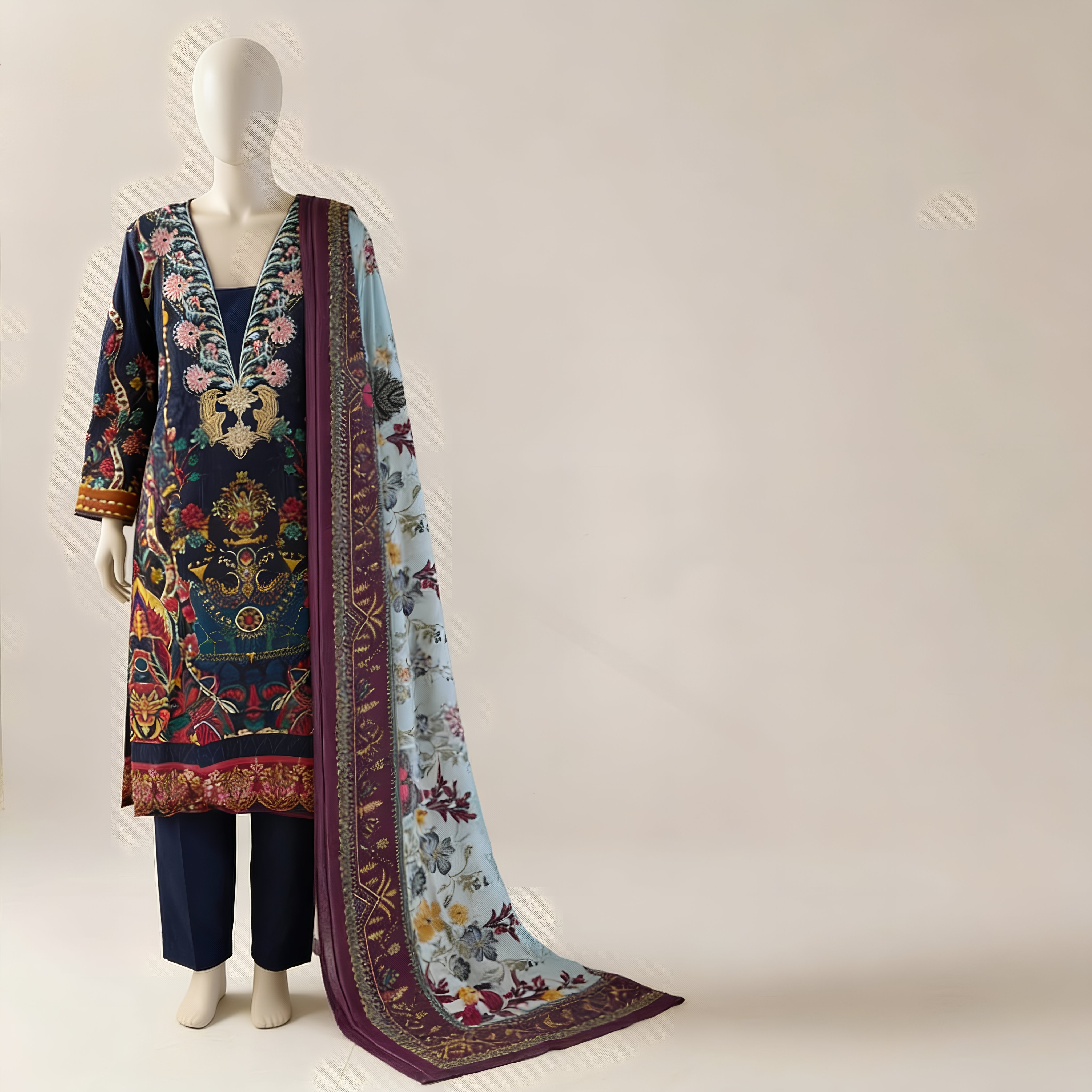 Navy Blue Multicolor Printed Cotton Suit Set  MO6.4