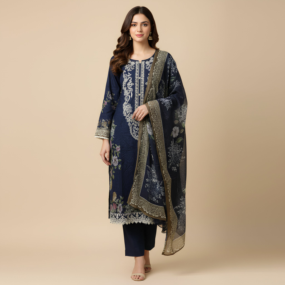 Deep Navy Blue Floral Printed Cotton Suit Set with Coordinated Dupatta  MO8.12