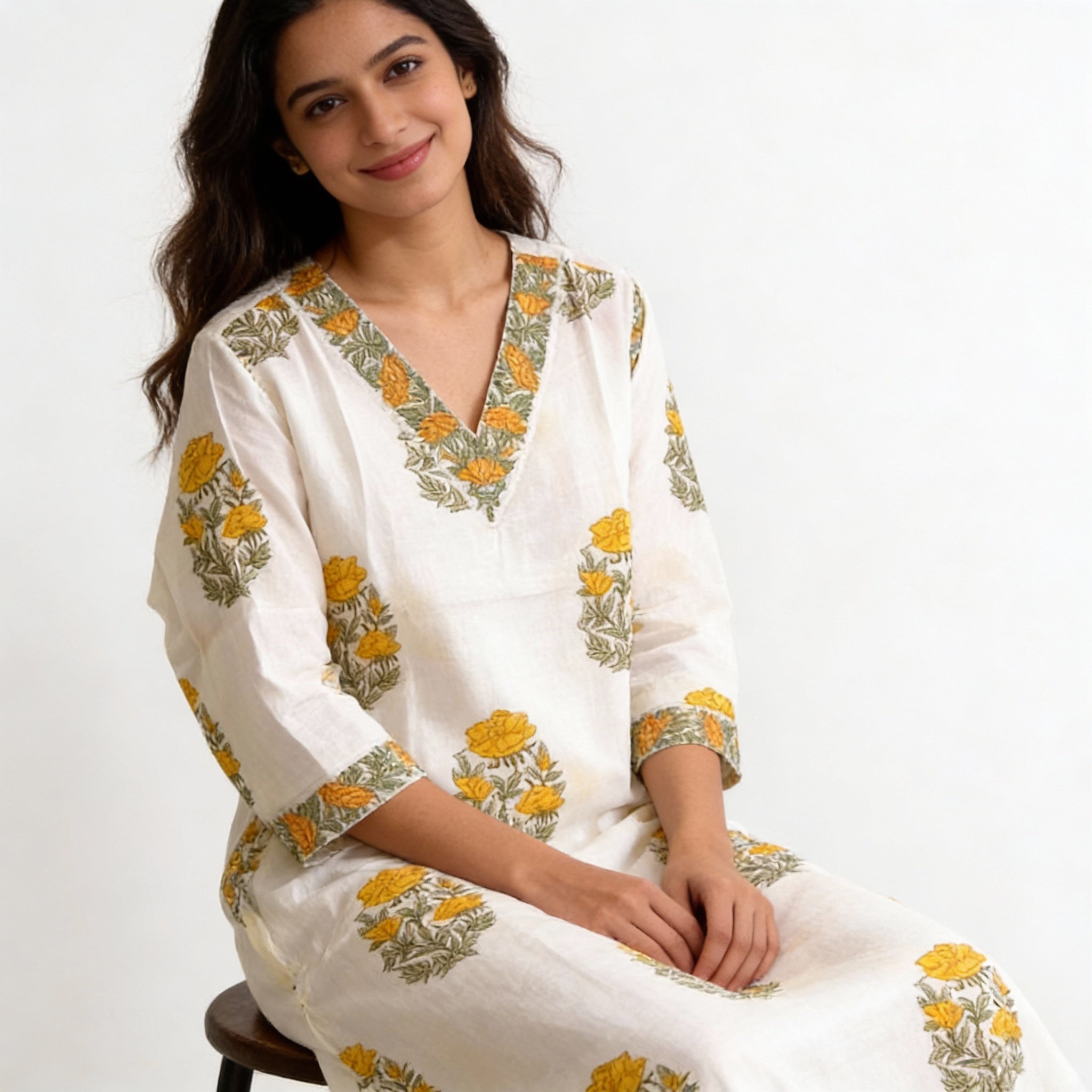 Ivory White Floral Printed Cotton Straight Kurta HO2 XL7