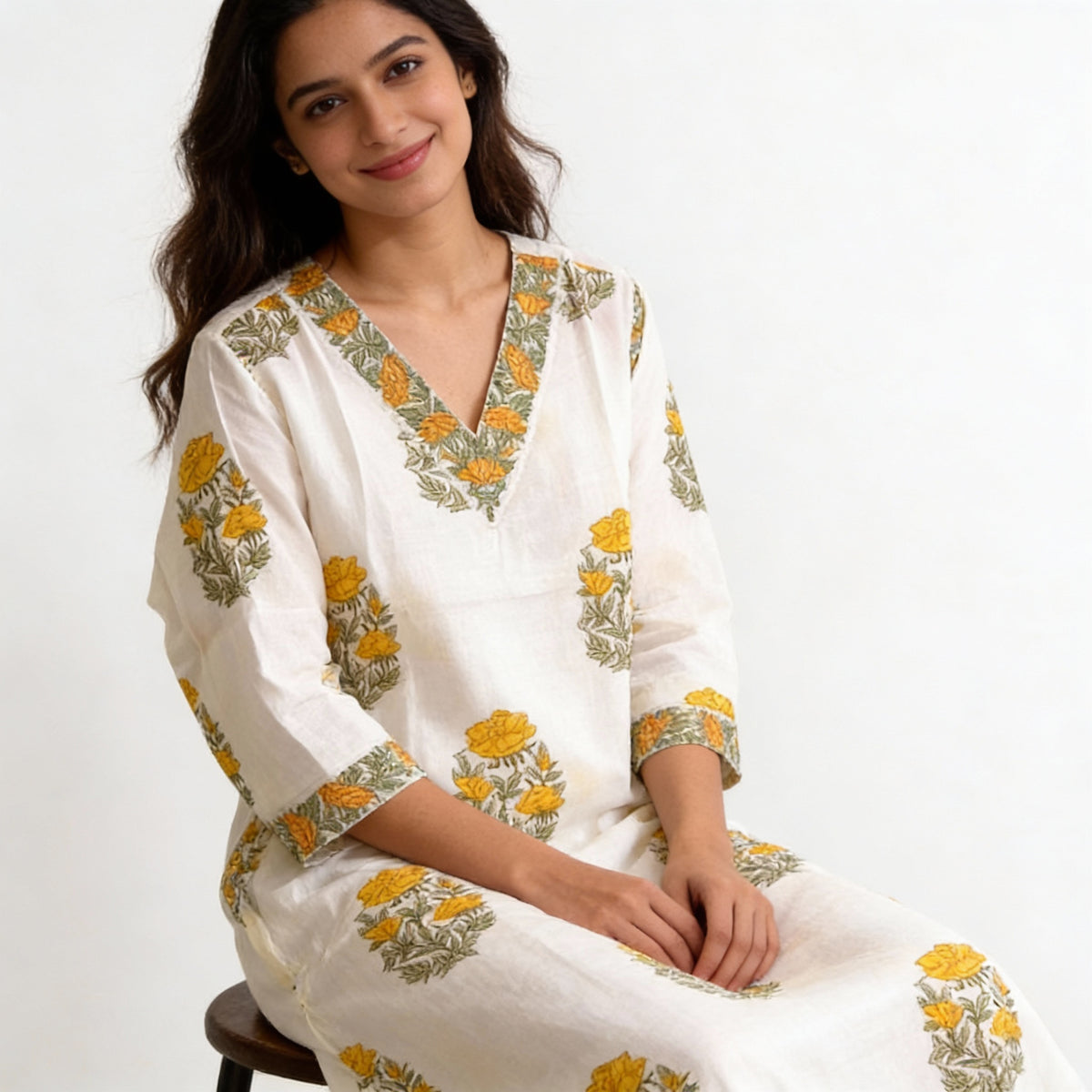 Ivory White Floral Printed Cotton Straight Kurta HO2 XL7