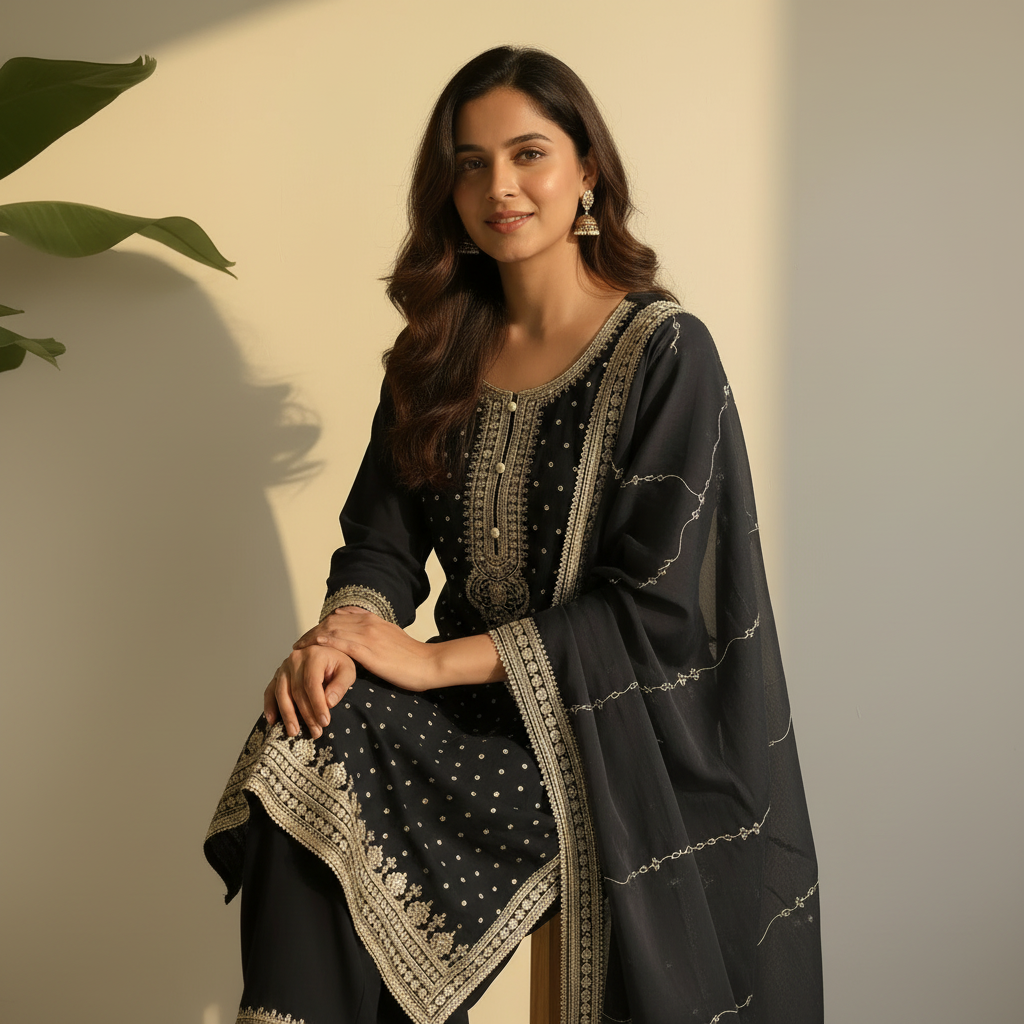 Classic Black Embroidered Kurta Set with Dupatta Ho 8