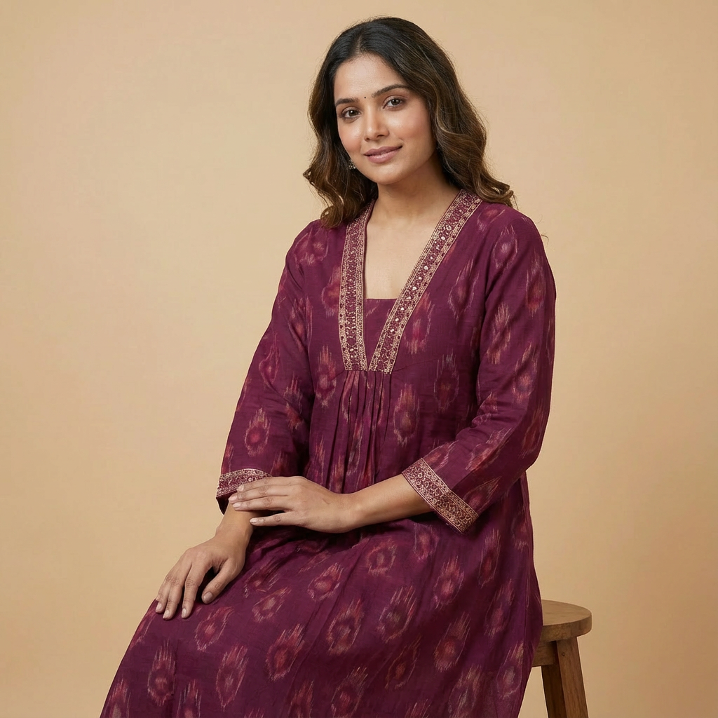 Wine Purple Ikat Print Kurta HO2 L1